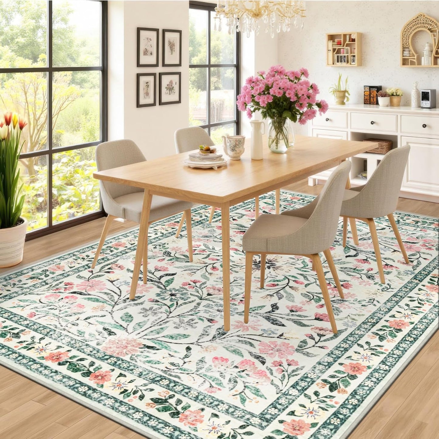 6x9 Area Rugs for Living Room: Floral Washable Rug Vintage Large Soft Boho Non-Slip Carpet Indoor Stain Resistant Thin Carpets for Bedroom Dining Room Farmhouse Nursery Hallway Home Office Green Beige