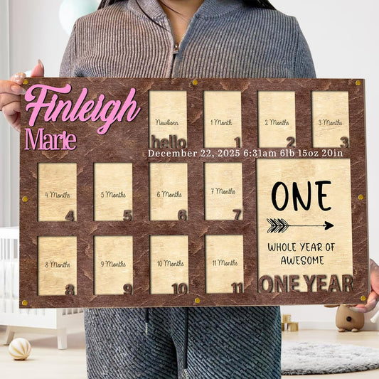 Personalized My First Year Photo Frame | 12 Months Picture Frame For Baby First Year | Displays One 5x7 Photo and Twelve 2x3 Pictures | Birthday Party Decor Newborn Memory Keepsake, Style MP2