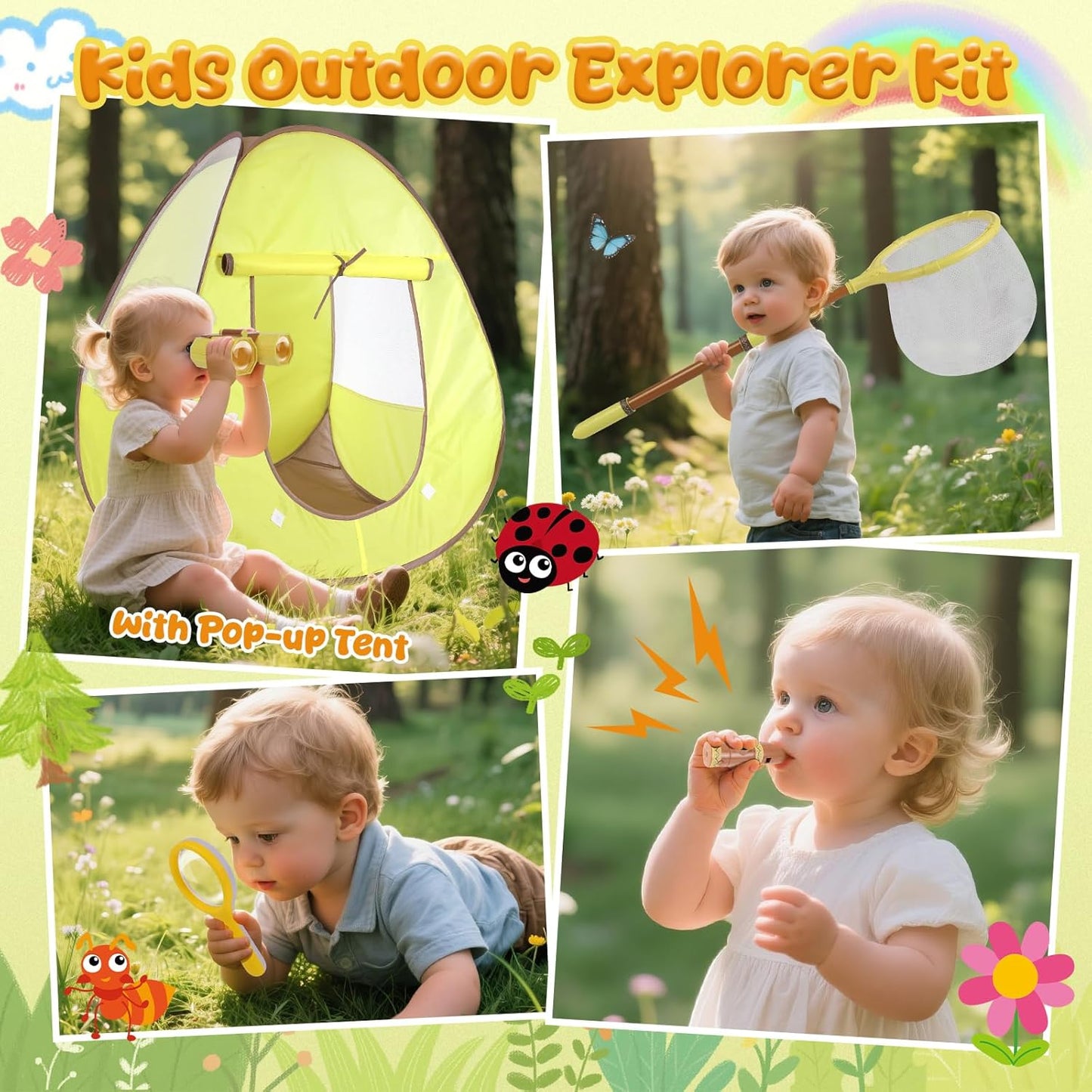 STEM Outdoor Exploration Kit for Kids Ages 3-12, 21PCS Bug Catcher Set with Pop-Up Tent Binoculars Magnifying Glass Camping Adventure Educational Toys Gift for Boys Girls Bug Catcher Kit for Toddlers