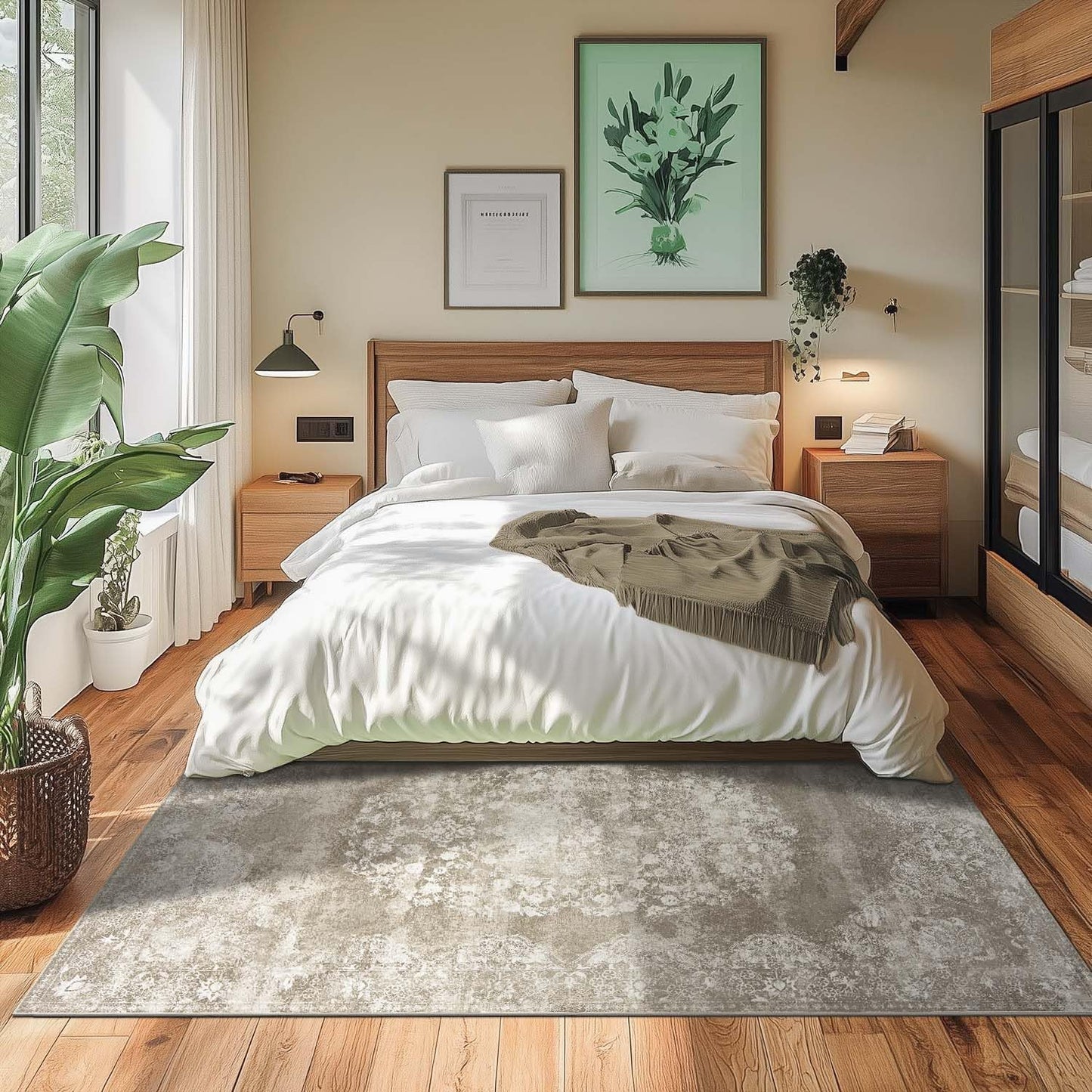 jinchan Washable Area Rug 8x10 for Living Room - Soft Faux Wool Ultra-Thin Stain Resistant Non-Slip Distressed Vintage Floral Large Carpet for Bedroom,Dining Room,Home Office,Nursery(Brown, 8'x10')