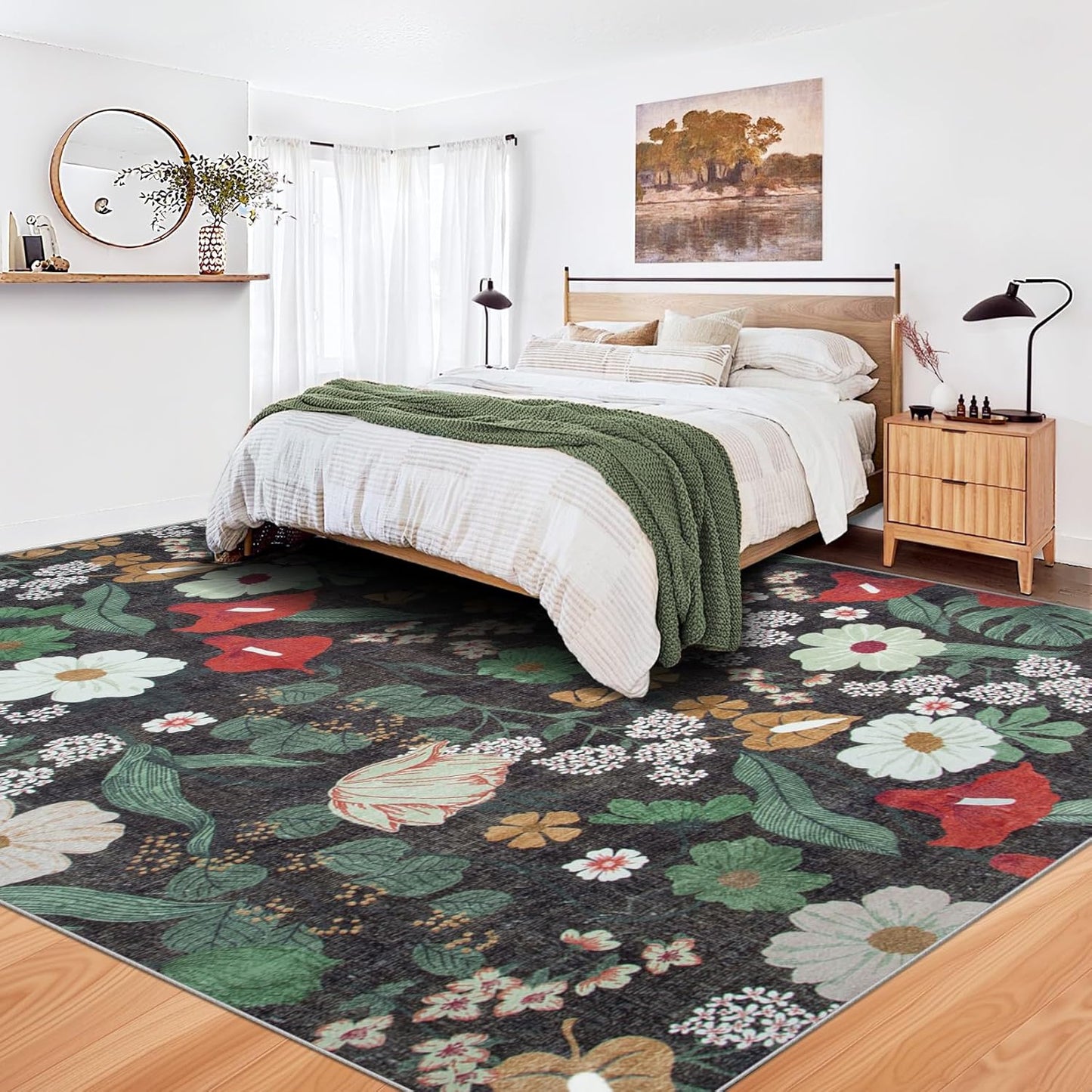 9x12 Area Rug for Living Room: Vintage Floral Washable Rug Soft Boho Non Slip Carpet Large Indoor Floor Non Shedding Low Pile Thin Carpets for Bedroom Dining Room Farmhouse Nursery Home Office Green