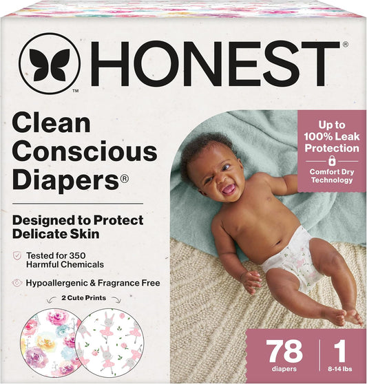 The Honest Company Clean Conscious Diapers for Delicate Skin | Up to 100% Leakproof | Hypoallergenic, Fragrance Free | Girl Prints | Club Box, Size 1 (8-14 lbs), 78 Count (Prints May Vary)