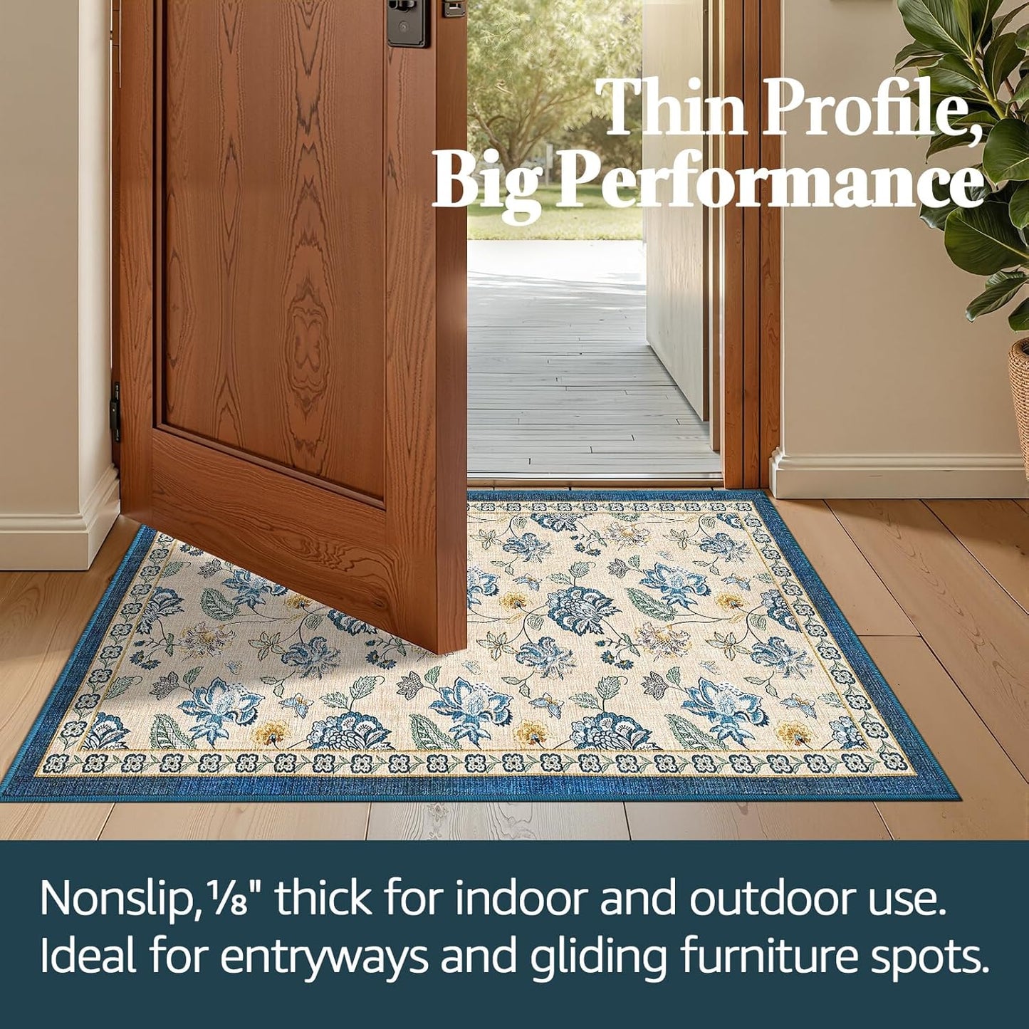 jinchan 2x3 Floral Rug for Entryway Washable Kitchen Rug Vintage Romance Design Small Mat Non Slip Indoor Doormat Lightweight Low-Profile Throw Carpet for Entrance Bathroom Laundry Room, Blue/Beige