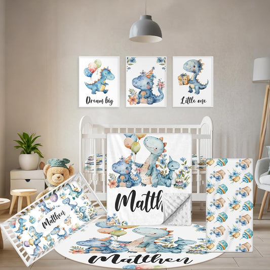Custom Baby Crib Set - 5 Pcs Personalized Name Blue Dinosaur Crib Bedding Set for Infants Toddlers - Soft Double Layer Nursery Bedding Set for Boys - Customized Gifts for Baby Shower Birthday