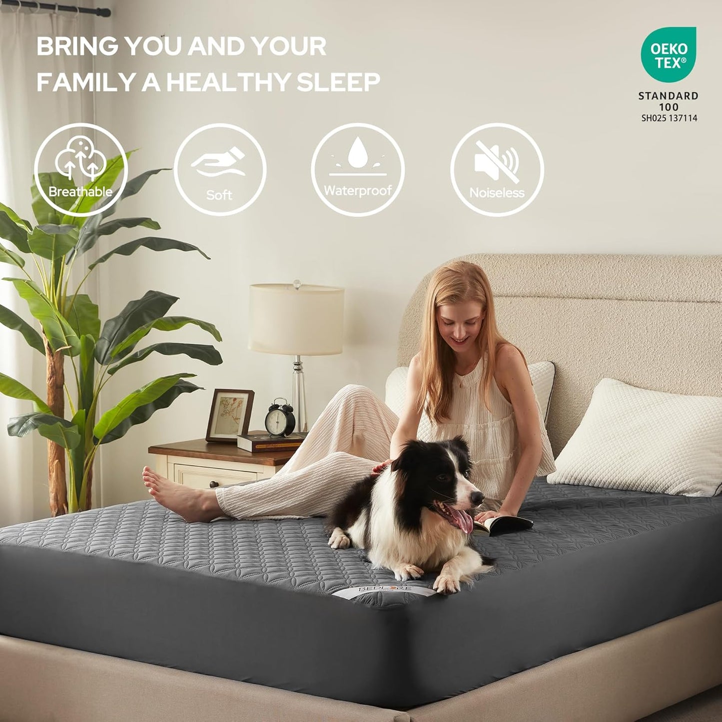 BEDLORE Waterproof Mattress Protector, Noiseless King Size Mattress Pad with Deep Pocket Fitted Up to 6-18 inches, Soft Breathable Dirt-Proof Bed Mattress Cover Washable for Bedroom, Hotel (Gray)