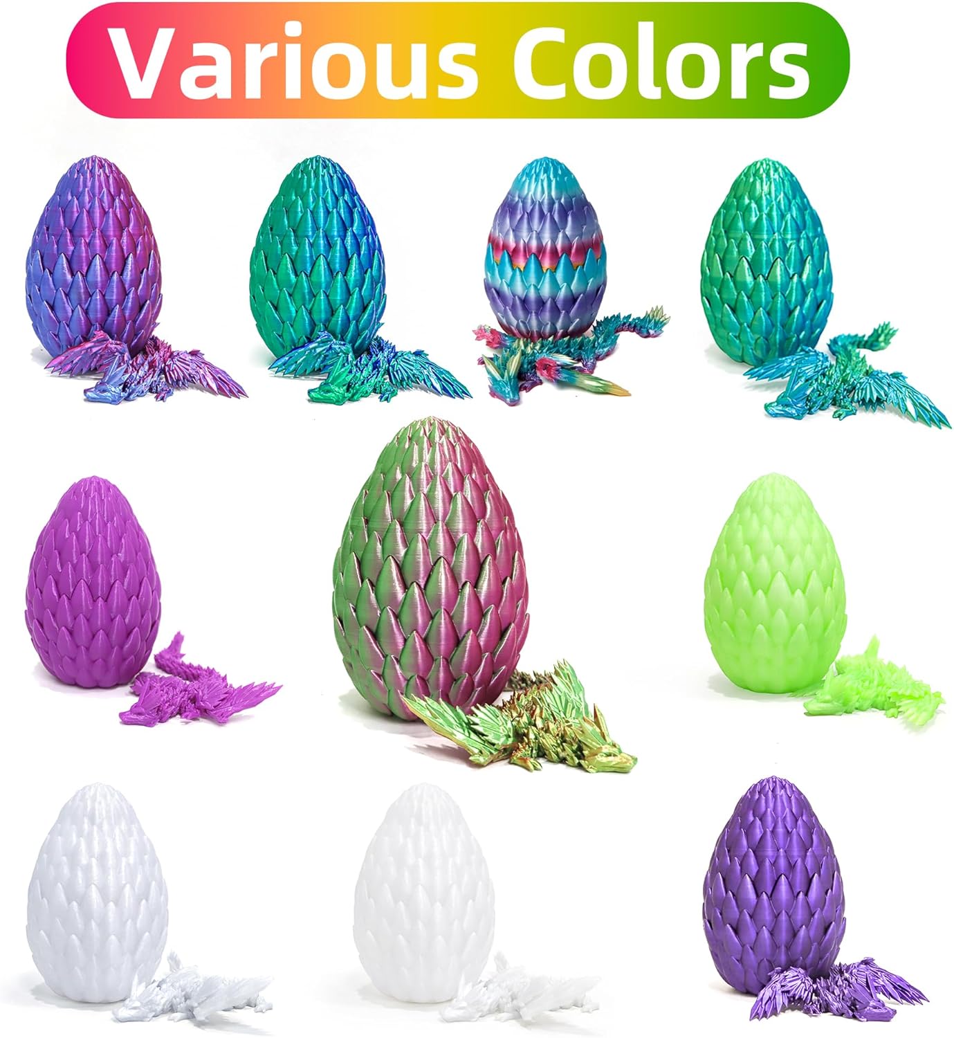 3D Printed Flying Dragon in Egg - 3 Colors Surprise Egg with Flexible Winged Dragon Inside, Mystery Beautiful Fidget Toy, Birthday Gift, Desk Figure Decor (Green Pink Gold)