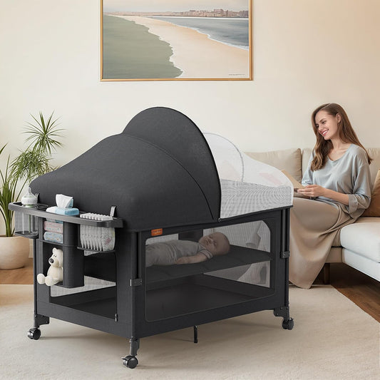 4 in 1 Baby Bassinet, Pack and Play, Bedside Crib Sleeper, Diaper Changer, Quickly Assembled and Folded Portable Crib with Mattress and Mosquito Net, Easy to Carry