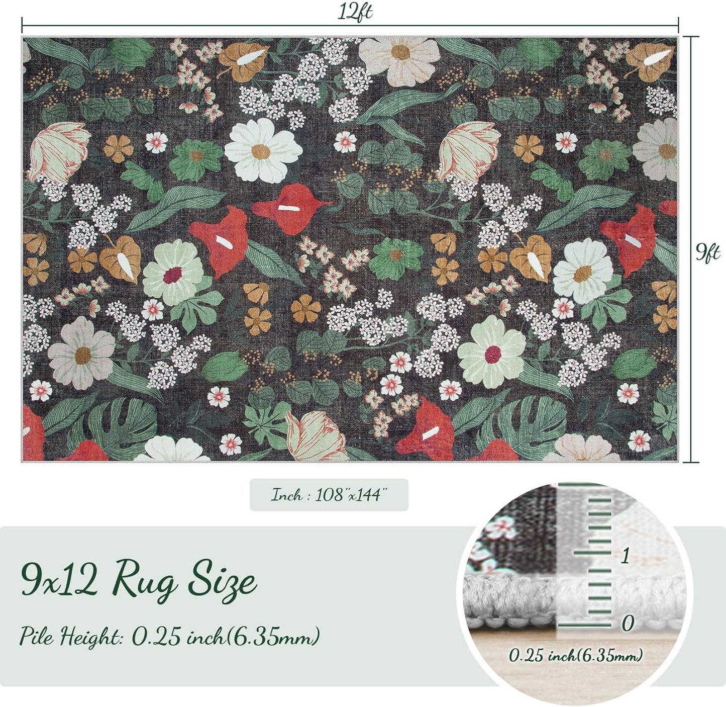 9x12 Area Rug for Living Room: Vintage Floral Washable Rug Soft Boho Non Slip Carpet Large Indoor Floor Non Shedding Low Pile Thin Carpets for Bedroom Dining Room Farmhouse Nursery Home Office Green
