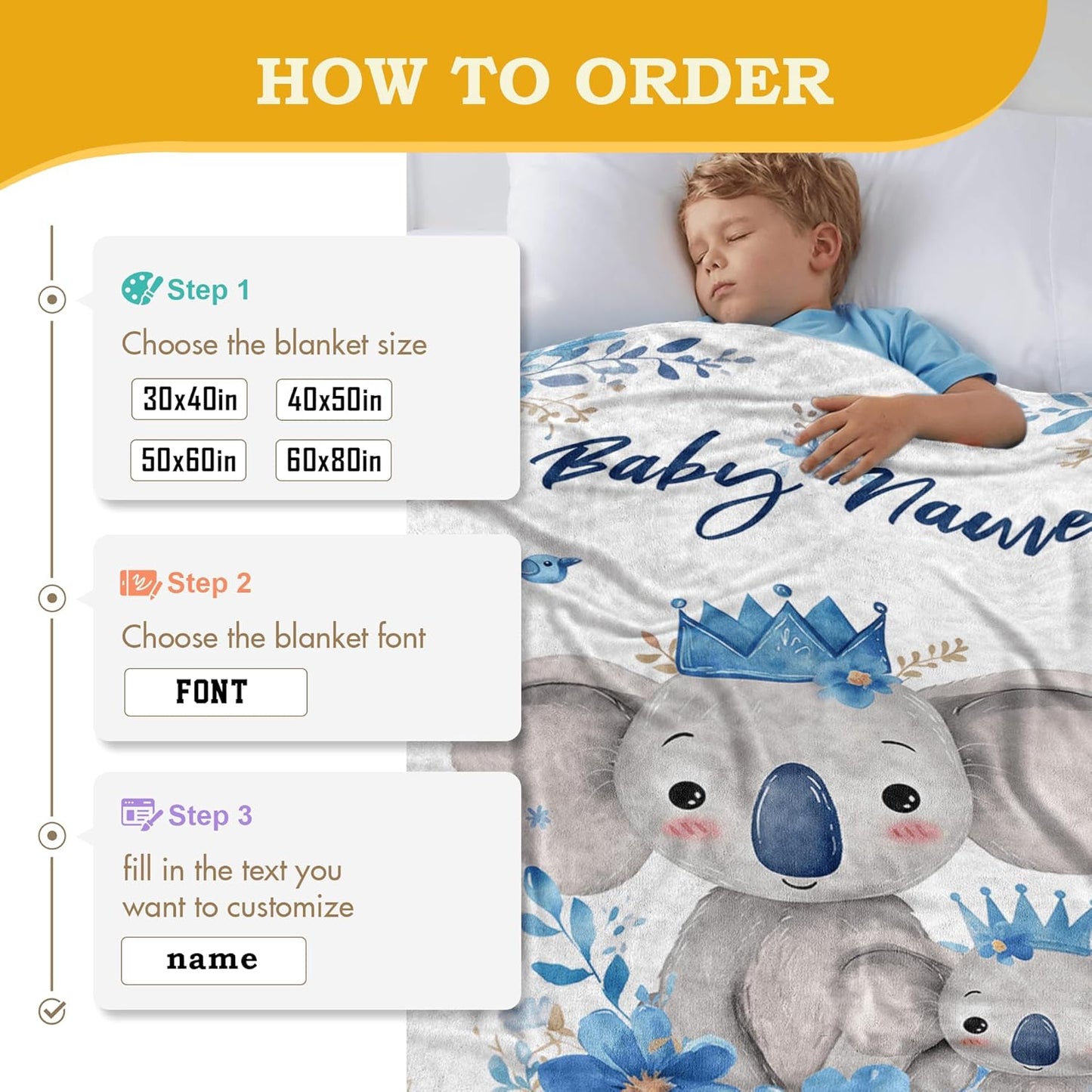 Watercolor Koala Personalized Boy Baby Blanket, Custom Baby Throw Blanket with Name for Newborn Son Daughter Grandson Granddaughter Toddler Birthday Bed Blanket