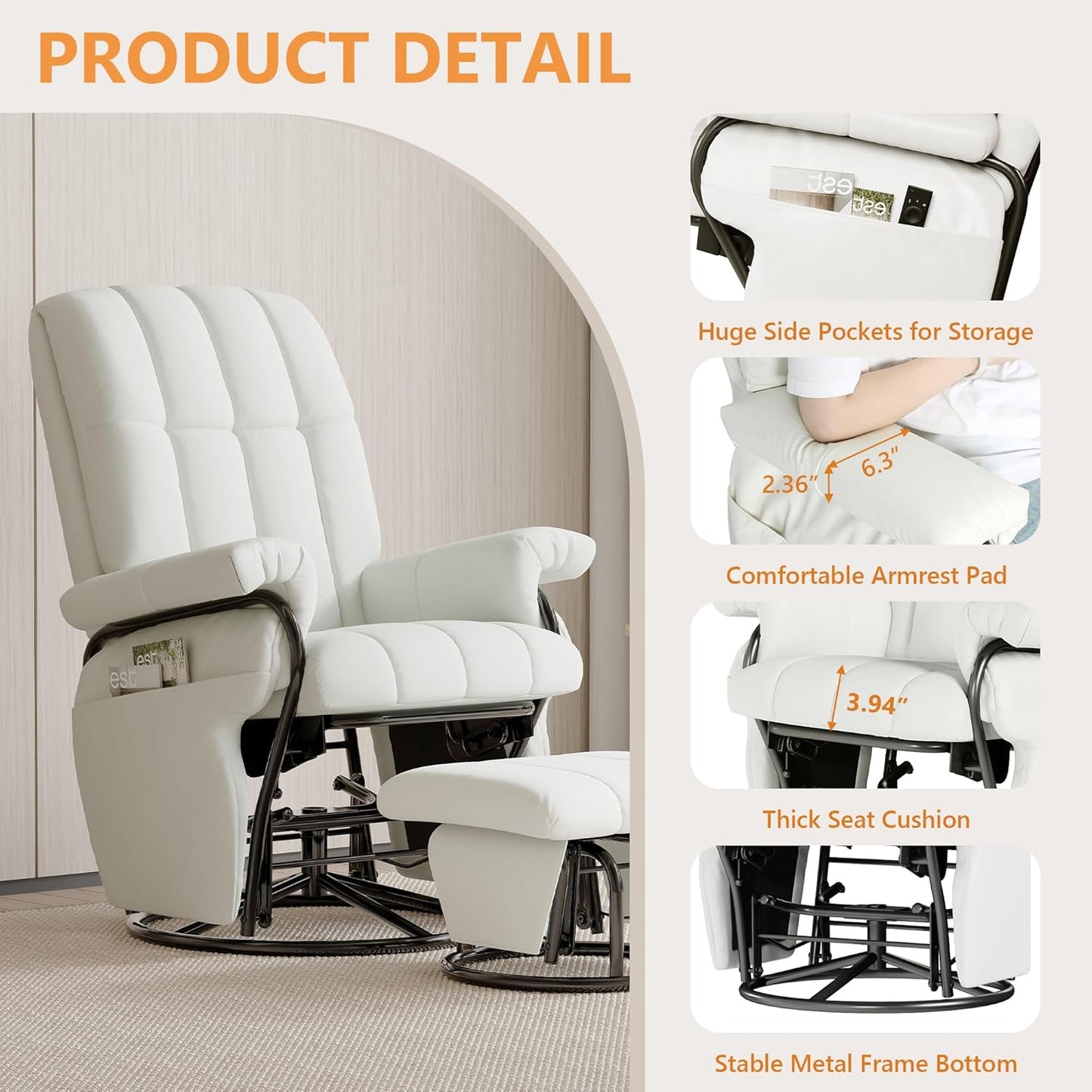 JIASTING 360° Swivel Leather Recliner Chair with Ottoman & Double Side Pockets, Nursing Glider Rocking Recliner Chair, Gliding Chairs for Nursery, Living Room, Office, Bedroom, Metal Frame (White)