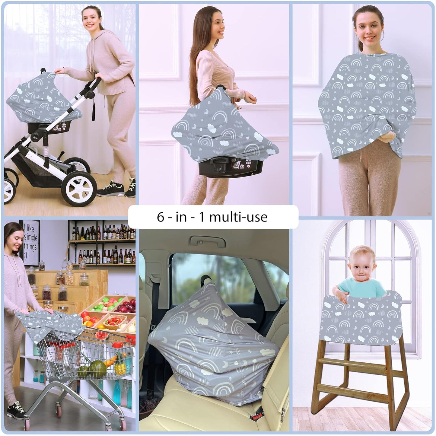 Car Seat Covers for Babies - Multi- use Nursing Carseat Canopy, Breastfeeding Covers, Baby Shower Gifts for Boys and Girls (Grey Rainbow)