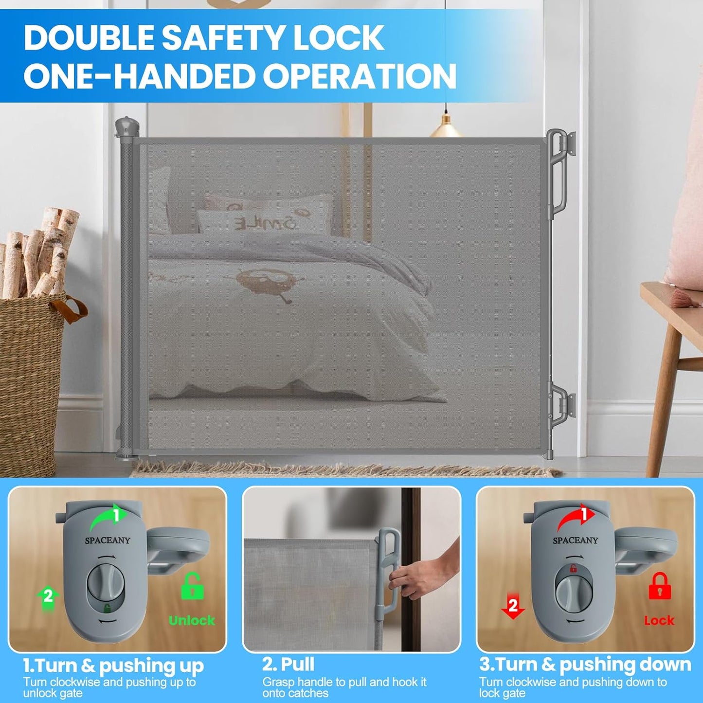 Retractable Safety Baby Gate or Mesh Dog Gate,Durable Portable Mesh Retractable Gate,Easy to Use for Stairs, Doorways,Hallways, Indoor, Outdoor, 33.5" Tall, Extends to 65" Wide, Gray