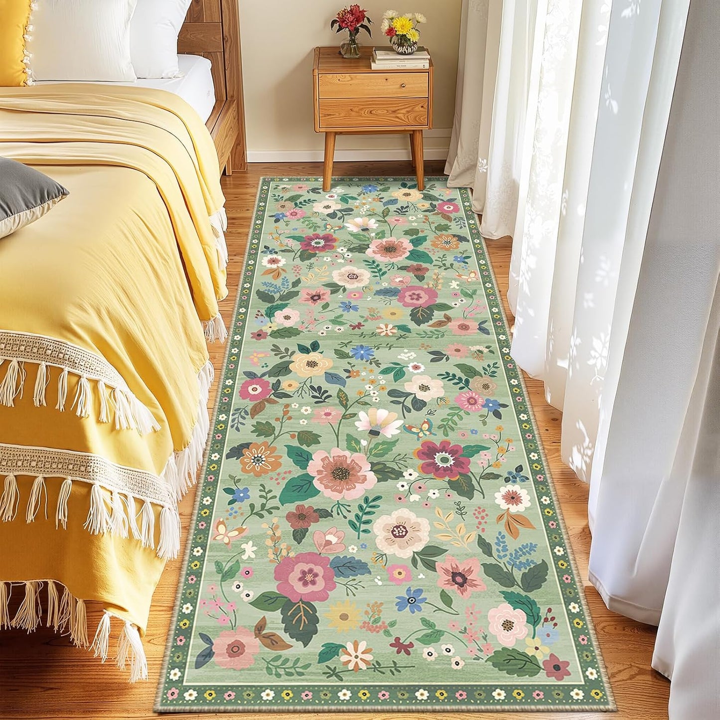 Floral 2x6 Area Rug Machine Washable Soft Print Boho Carpet Non Slip Doormat Low Pile Flower Area Rugs for Living Room Bedroom Nursery Kitchen Dining Room Indoor-Light Green