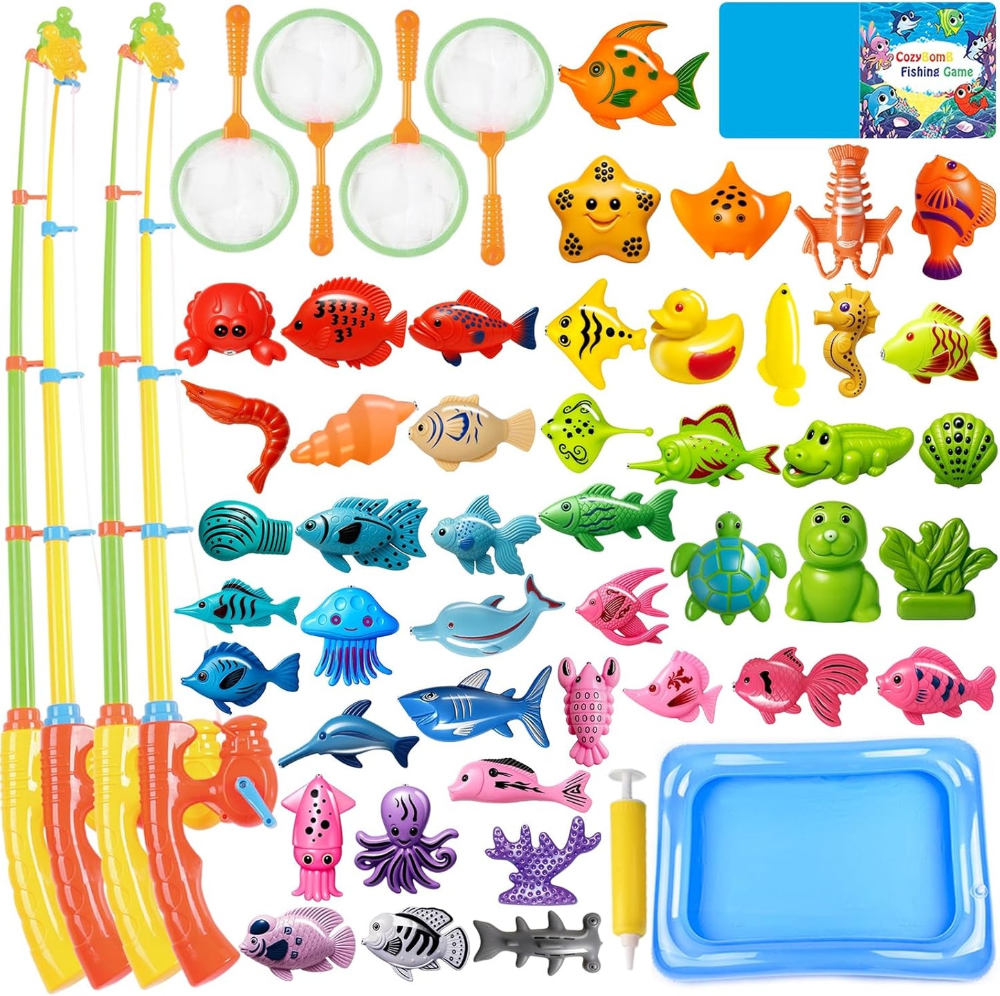 CozyBomB™ Magnetic Fishing Toys Game Set for Kids | Water Table Bathtub Kiddie Pool Party & Pole Rod Net, Plastic Floating Fish Toddler Color Ocean Sea Animals Birthday Age 3 4 5 6 Year