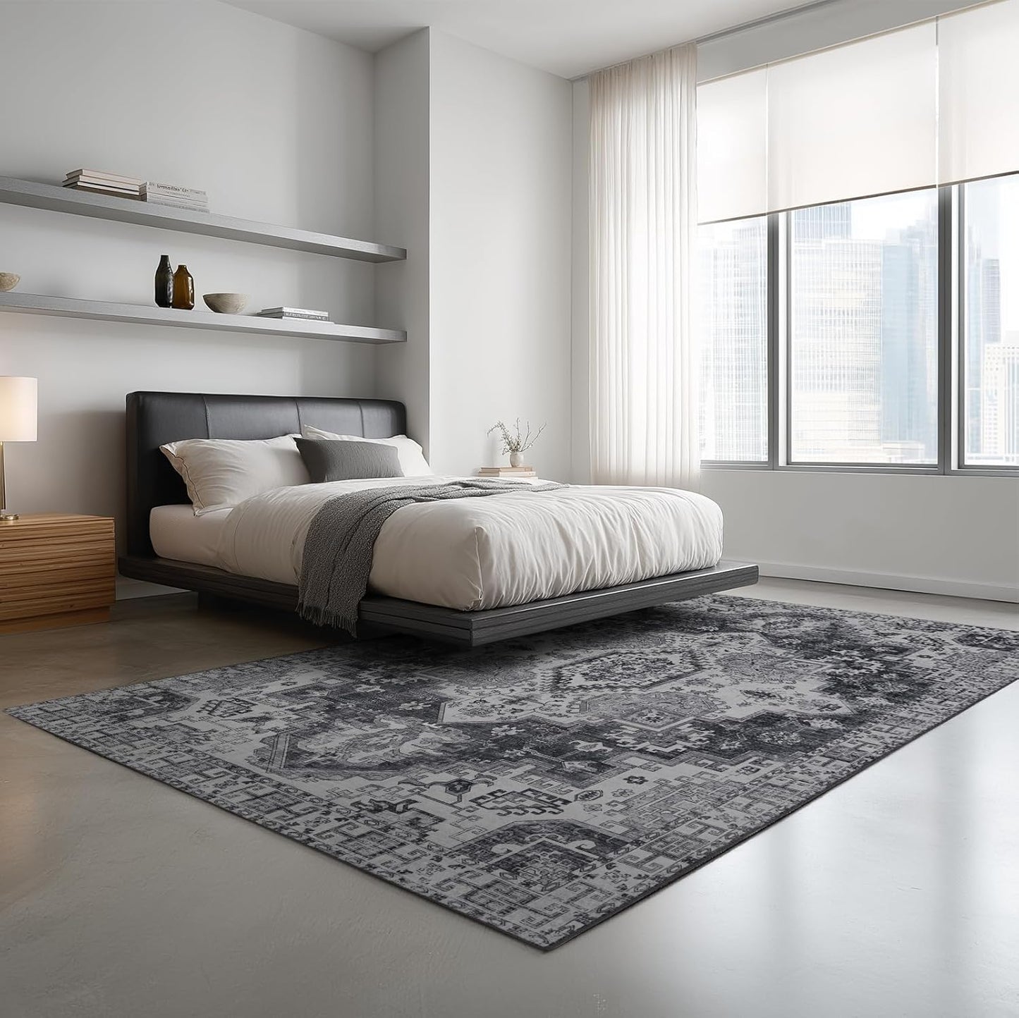 Washable 6x9 Area Rug for Living Room, Carpet for Bedroom Dining Room, Non Slip&Non-Shedding Resistant Low Pile Vintage Print Rug for Home Office (Medium Gray)