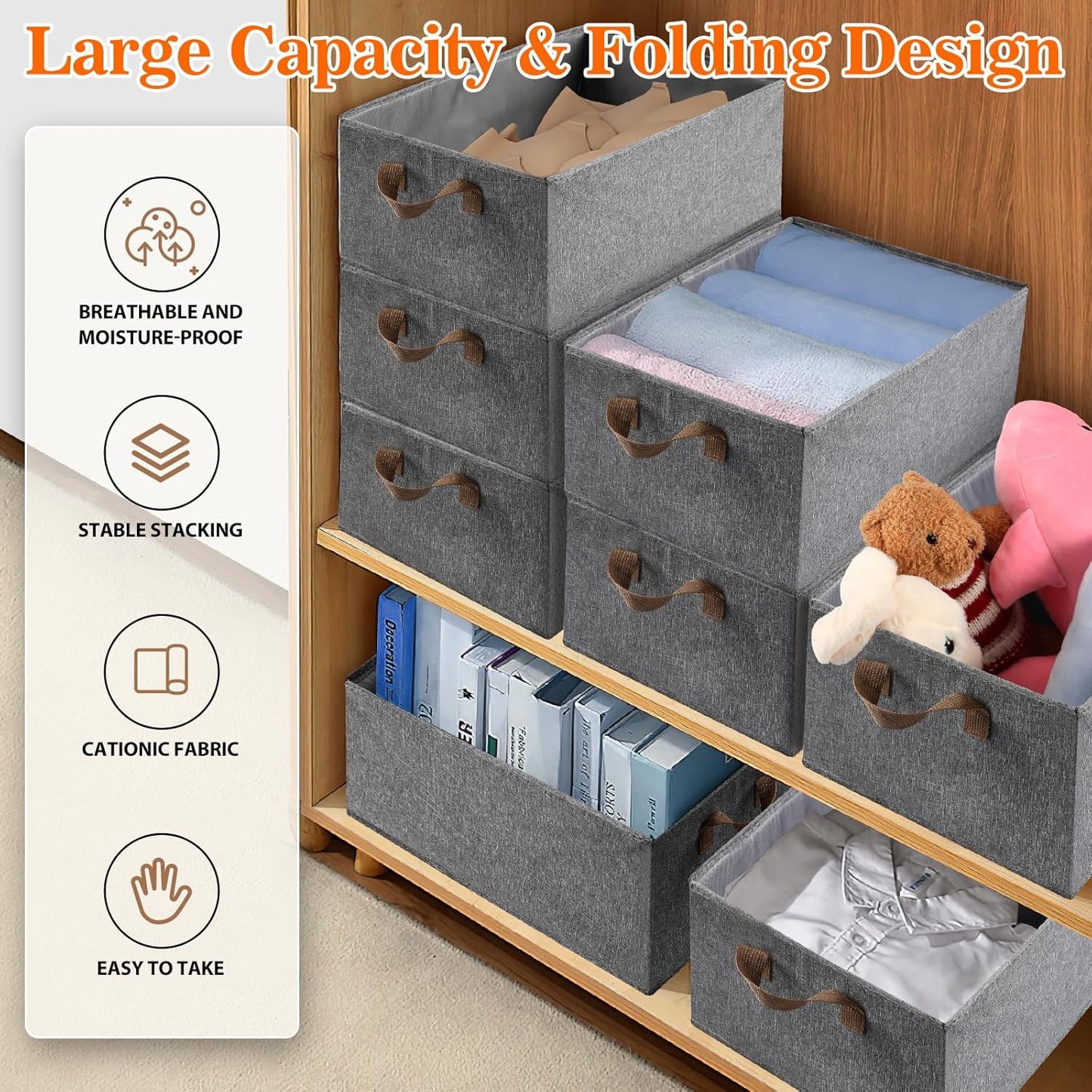 10 Pack Large Capacity Storage Bins, 25L Fabric Closet Organizer With Handles, Collapsible Baskets for Shelves, Clothing, Sheets, Books, Toys (Gray)