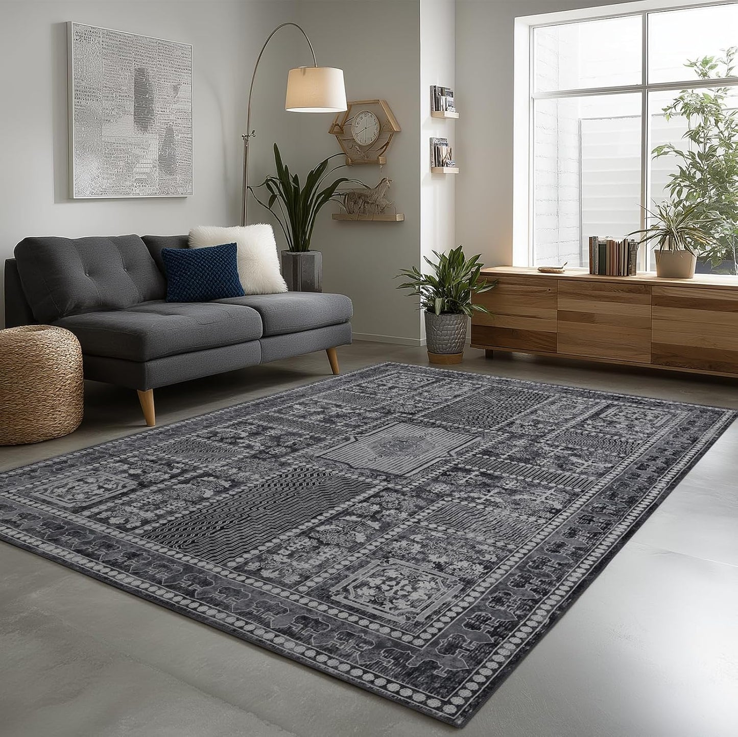 Washable 6x9 Area Rug for Living Room, Carpet for Bedroom Dining Room, Non Slip&Non-Shedding Resistant Low Pile Vintage Print Rug for Home Office (Grey)