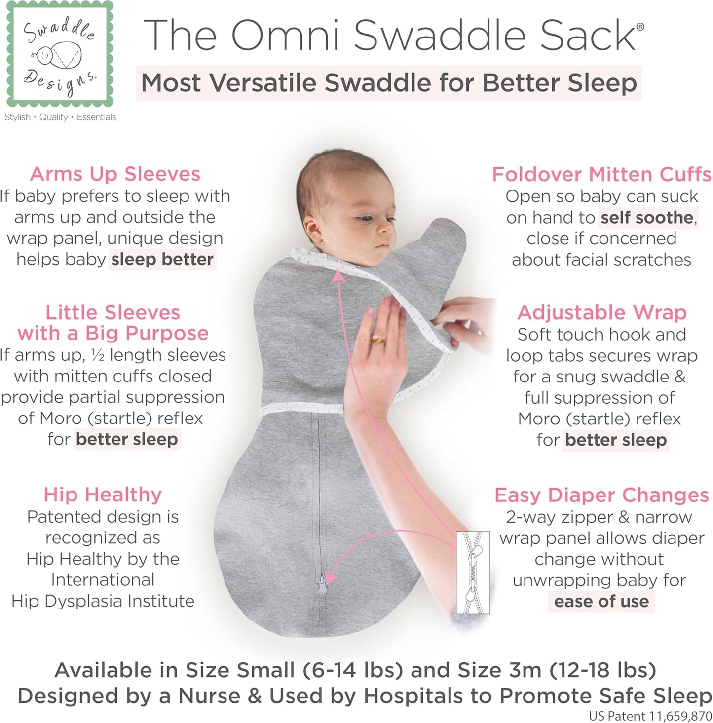 SwaddleDesigns 6-Way Omni Swaddle Sack Arms Up Swaddle for Newborn, More Options to Calm Startle Reflex, Improves Sleep