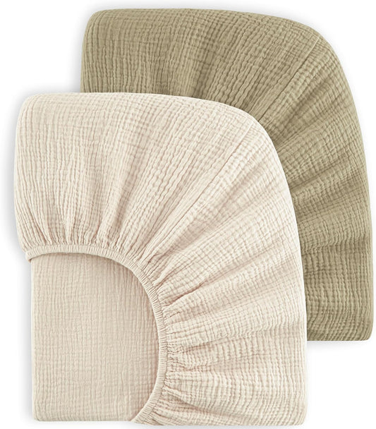 Bearmoss Muslin Crib Sheets 100% Cotton Baby Crib Sheets Fitted for Standard Crib Mattress & Toddler Bed Mattress 52"x28" Soft Breathable Crib Sheet Neutral for Boys Girls - 2 Pack (Oat Latte)