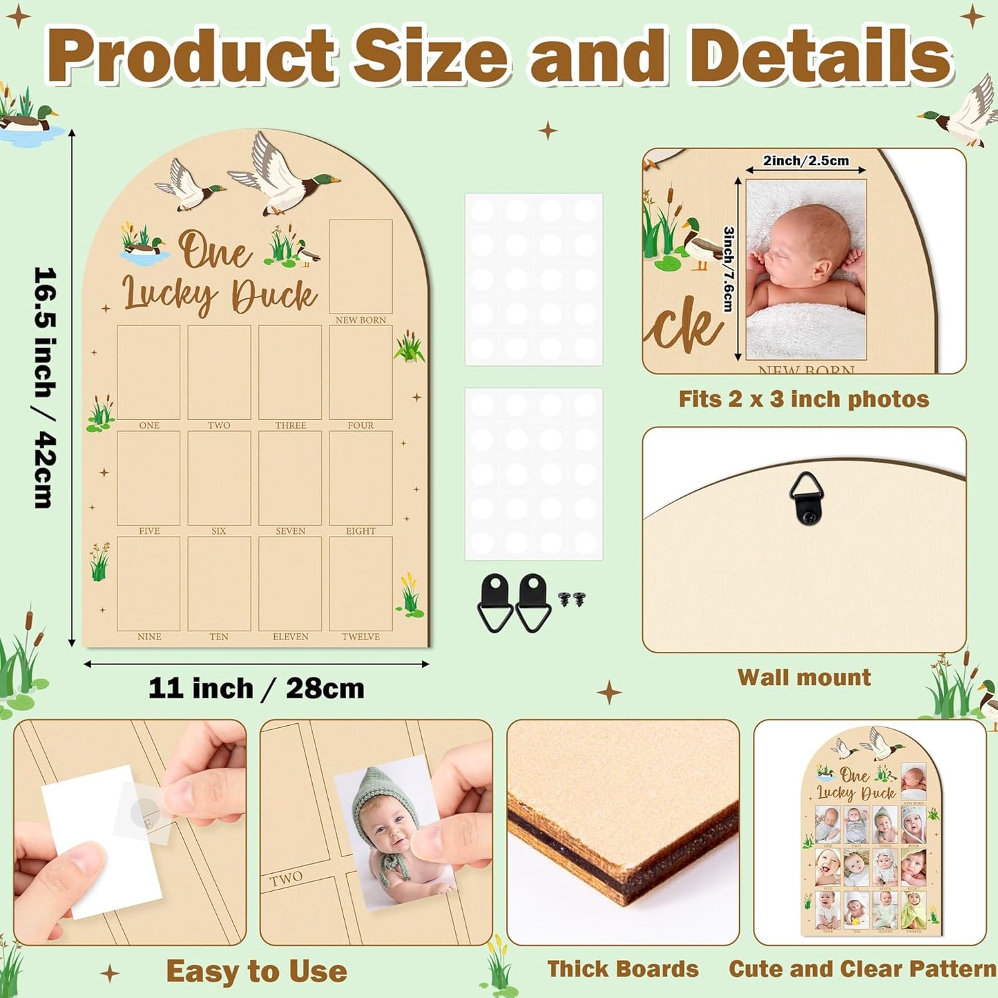 R HORSE 3D Mallard Duck 1st Birthday Wood Photo Display Board, One Lucky Duck Baby's First Year Picture Frame, 1-12 Months Milestone Board Birthday Decorations Keepsake Gift for Baby Nursery Decor