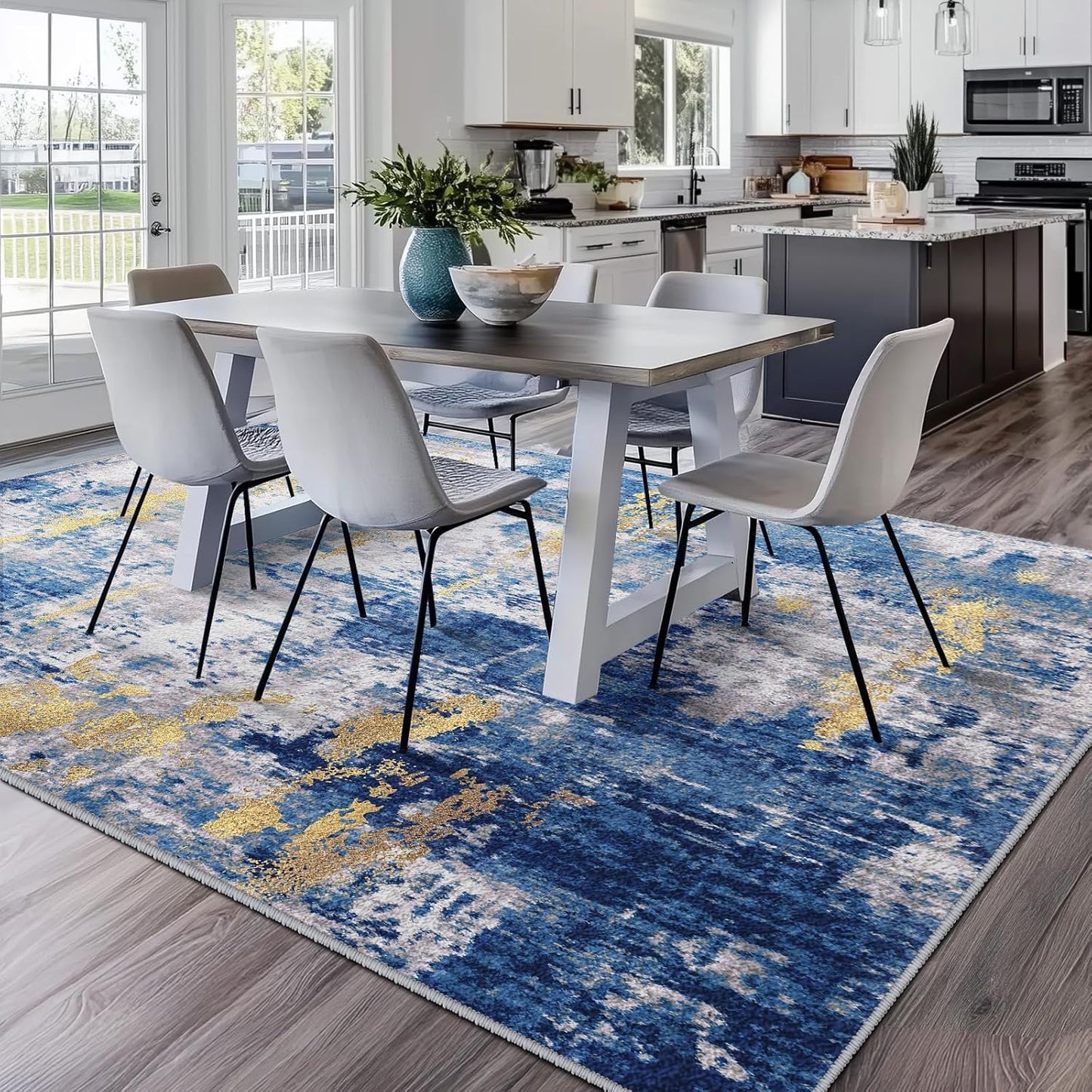 Washable Area Rugs 9'x12' Non-Slip Modern Abstract Soft for Living Room Entryway Bedroom Nursery, Print Pattern, Grey Blue Gold/Golden