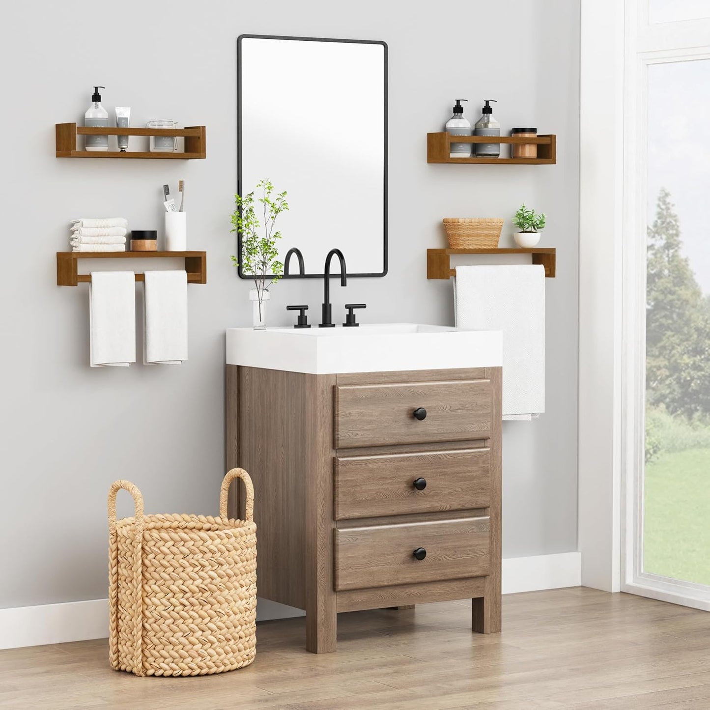 Forbena Walnut Brown Nursery Bookshelf Wall Mounted, Wooden Floating Book Shelves for Wall, Nursery Hanging Bookshelves for Baby Toddlers Kids Room Bedroom (Pine Wood, Walnut Color, 4-Pack)