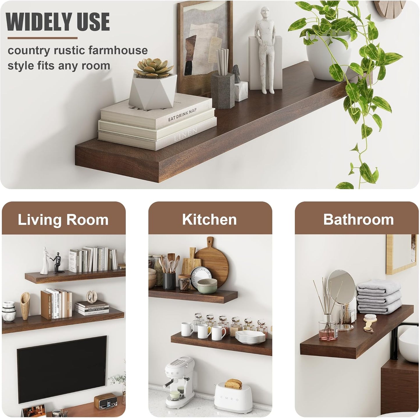 Floating Shelves for Wall, USA-Sourced Walnut Wood 48 Inch Long Wall Shelves, Natural Wooden Wall Mounted Picture Ledge Shelf, Nursery Book Storage Shelf Kids Bookshelf, Display Shelf for Bathroom