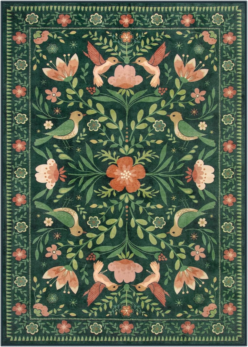 Moynesa Boho Bird 5x7 Area Rugs for Living Room, Washable Green Rug Jungle Floral Bedroom Rug, Low-Pile Soft Vintage Floor Carpet Non-Slip for Dining Room Playrom Living Room
