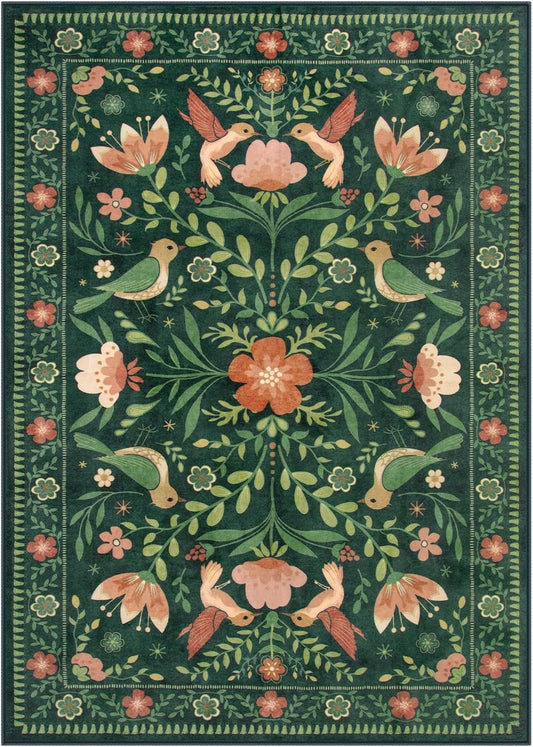 Moynesa Boho Bird 5x7 Area Rugs for Living Room, Washable Green Rug Jungle Floral Bedroom Rug, Low-Pile Soft Vintage Floor Carpet Non-Slip for Dining Room Playrom Living Room