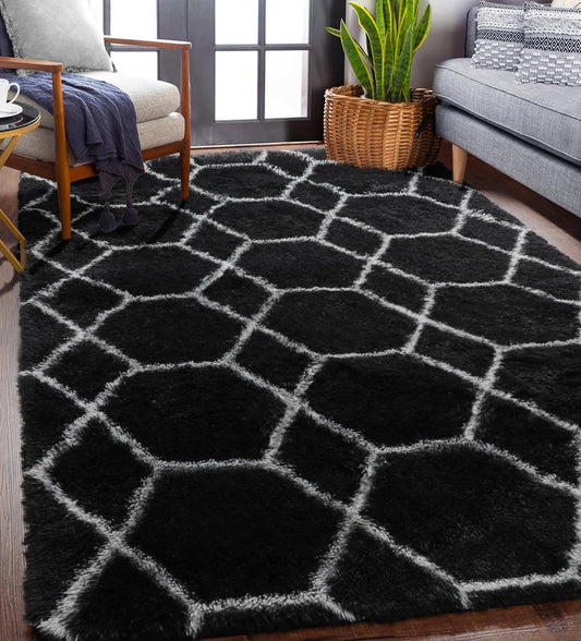 ONASAR Geometric Area Rugs for Bedroom Living Room, Washable 4x6 Black and White Fluffy Shag Throw Rug, Shaggy Plush Bedside Floor Carpet for Nursery Kids Teens Girls Boys Dorm Home Decor