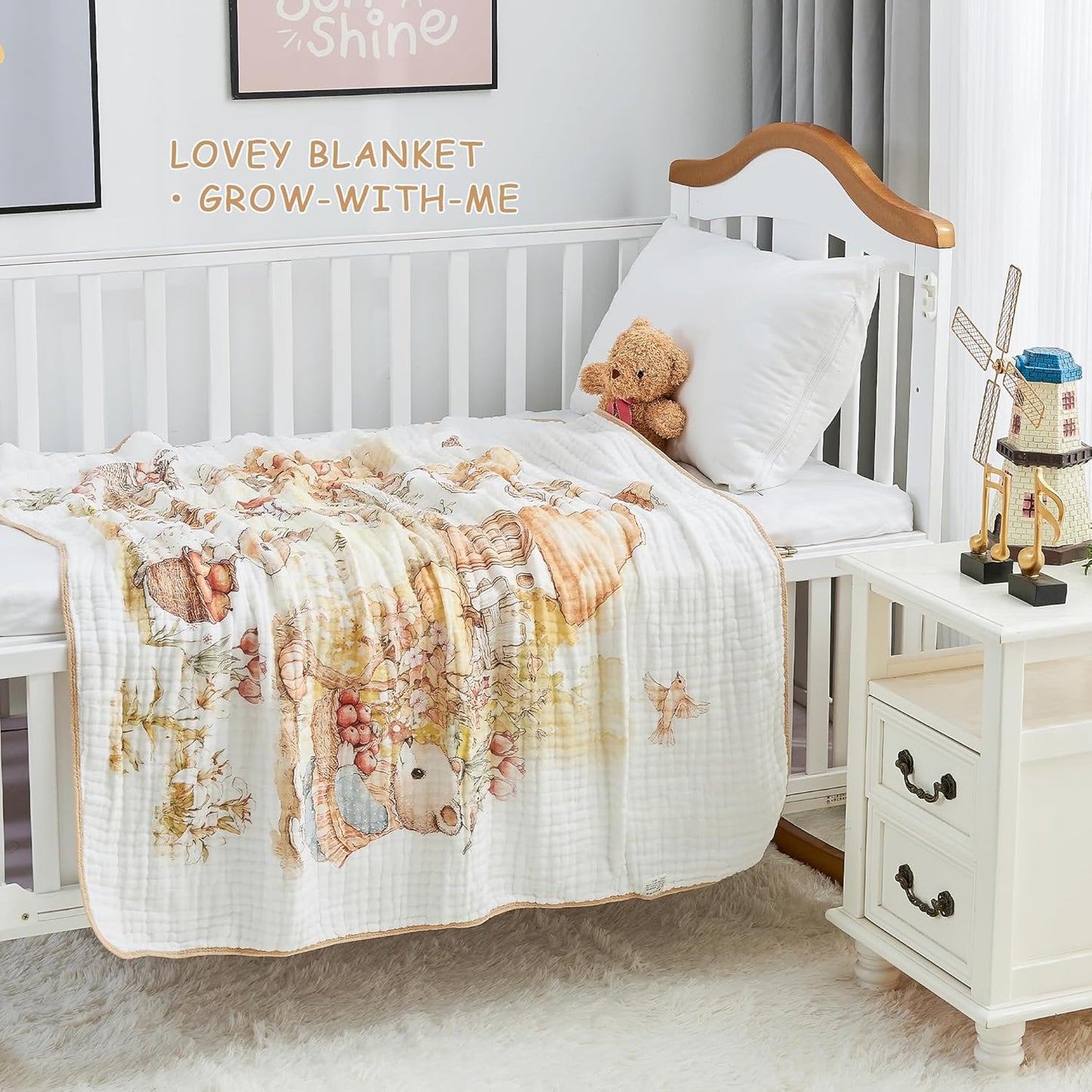 Luxury Muslin Baby Blanket, Cozy Swaddle, 6-Layer Cotton Receiving Blanket for Newborn Infant, 43x43 Inch Lightweight Breathable Crib Blanket, Nursery Stroller Toddler Quilt, Rabbits