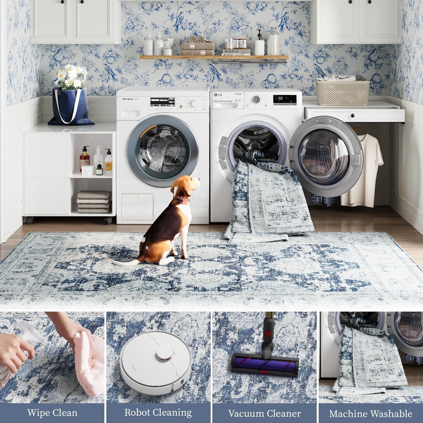 jinchan Hallway Runner Rug 3x8 Washable Runner - Vintage Floral Non Slip Low-Pile Soft Thin Faux Wool Kitchen Rug Distressed Carpet for Farmhouse Bedroom Laundry Room(3x8ft,Dark Blue)