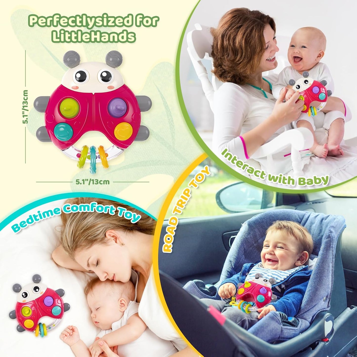 Ladybug Baby Light Up Toys with Rattle Led Light Music, Interactive Educational Fine Motor Development Toy for 3-6-12-18-24 Months Baby Toddler - Red