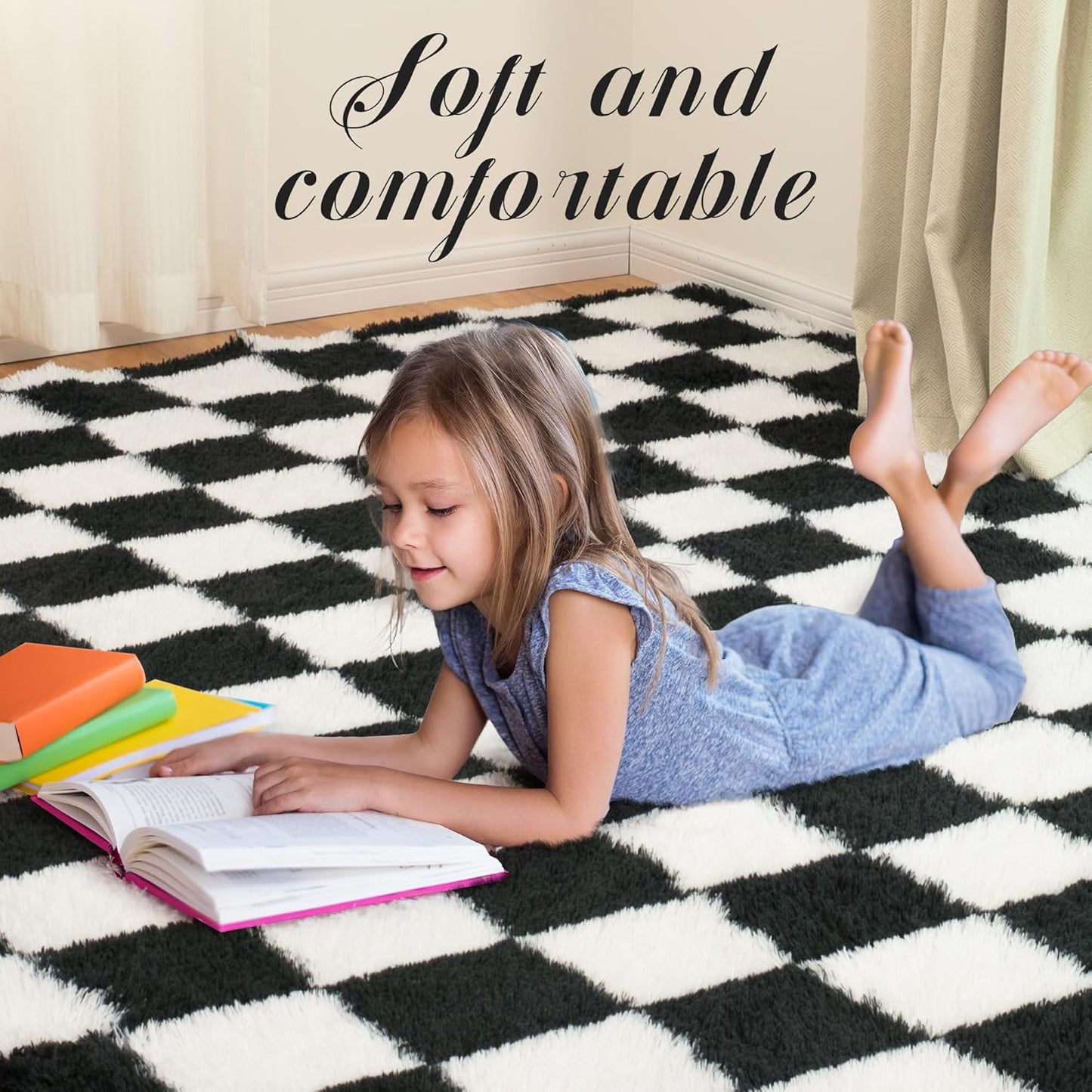 Super Soft Rug for Bedroom, 3x5 Ft Black and White Area Rug Classic Checkered Shaggy Anti-Skid High Pile Soft Fluffy Rug Fuzzy Carpet for Living Room Bedroom Kids Room Nursery, Dorm Home Decor