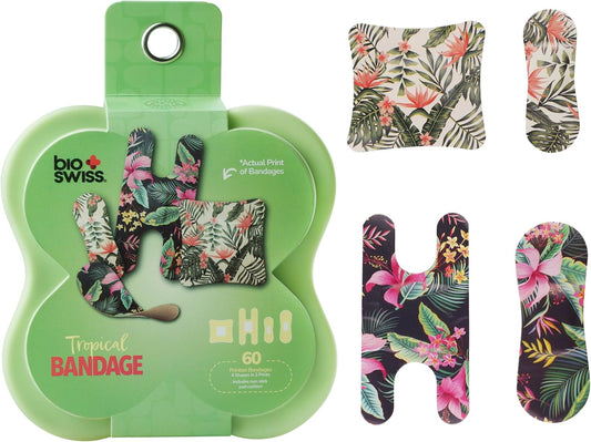 BioSwiss Bandages, Assorted Size Tropical Print Self Adhesive Bandage, Latex Free Sterile Wound Care, First Aid Kit Supplies for Kids and Adults, 60 Count