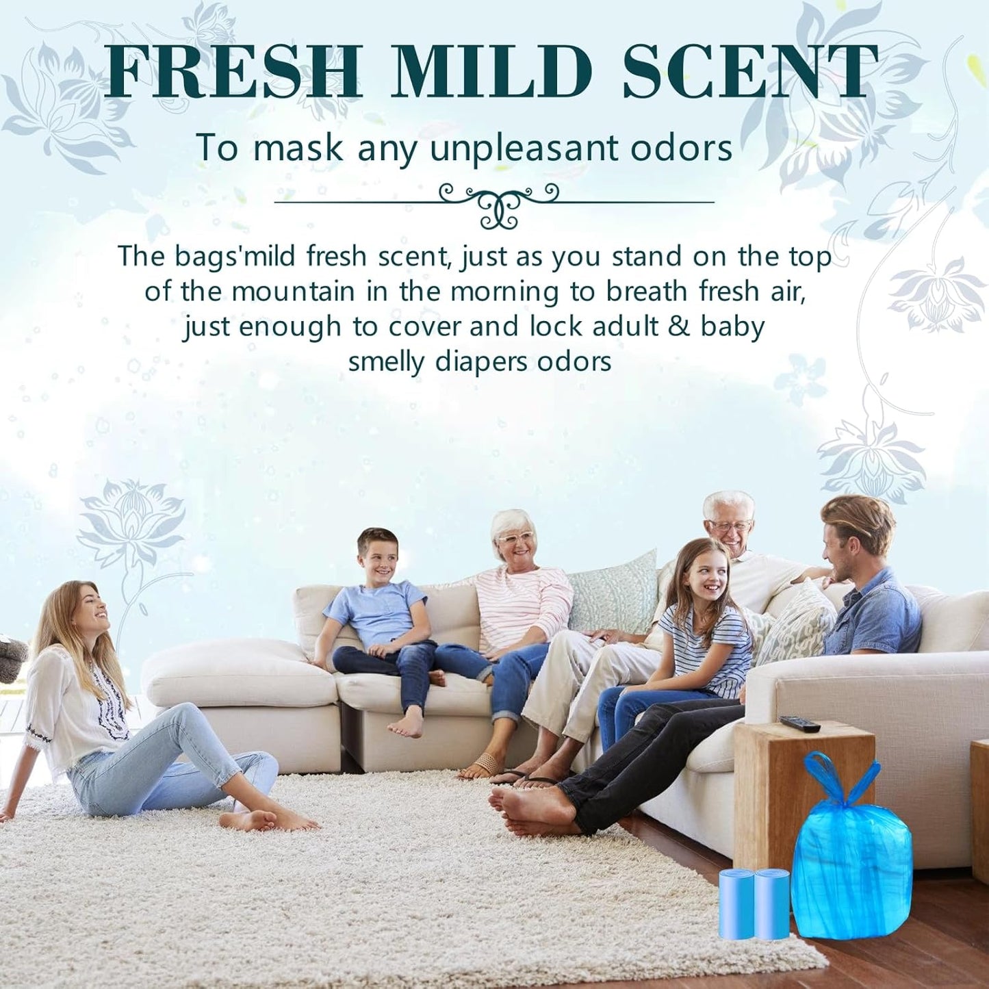 Large Adult Diaper Disposal Bags (18’’x23’’),96 Pcs, Fresh Scented, Elderly Waste Disposal, Baby Diapers Trash Bags, Sanitary Product Disposal at Home and Travel, Blue