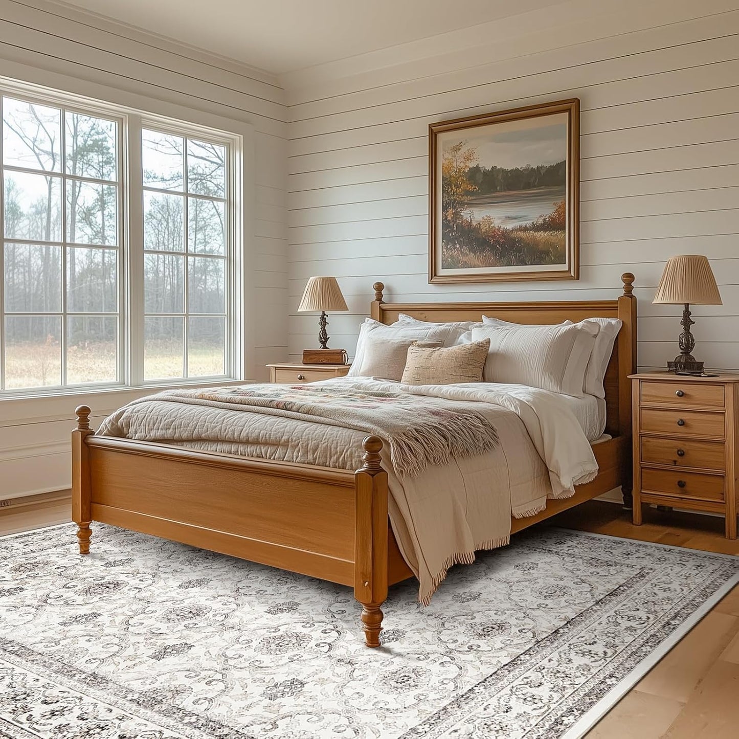 jinchan Floral 6x9 Area Rugs for Living Room - Machine Washable Vintage Distressed Boho Design Throw Rug Stain Resistant Carpet Low-Pile Thin Non-Slip for Bedroom Dining Room Nursery (6‘x9',Beige)