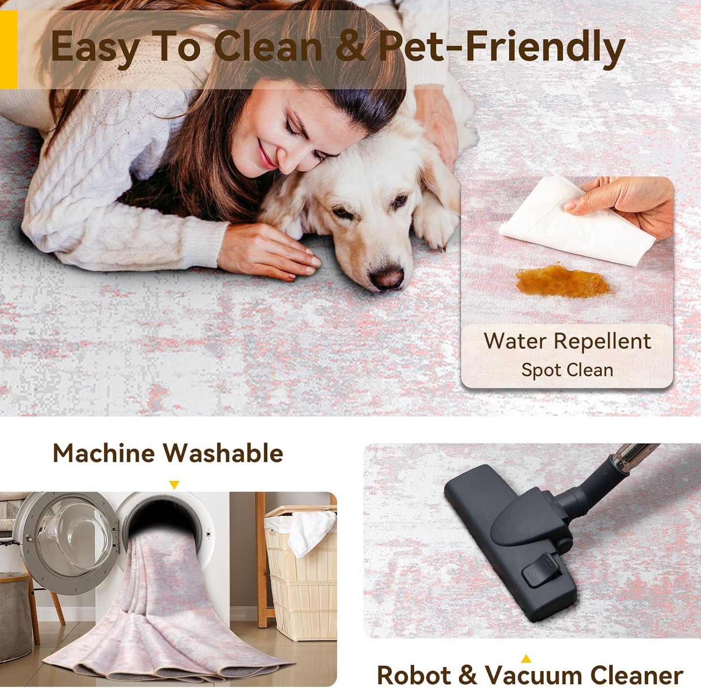 Washable Area Rugs 9'x12' Non-Slip Modern Abstract Soft for Living Room Entryway Bedroom Nursery, Print Pattern, Grey Pink