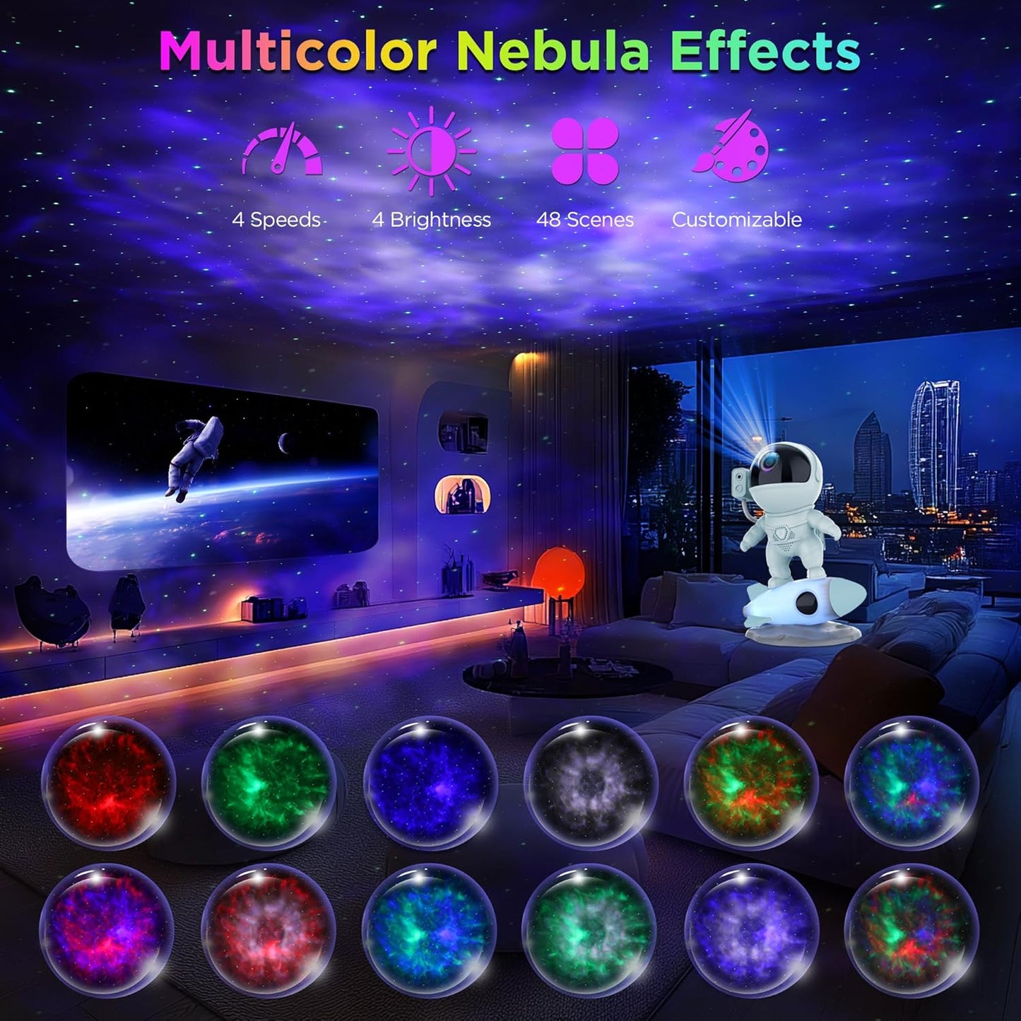 Astronaut Galaxy Projector for Bedroom, Star Projector Galaxy Light with App & Remote Control, White Noises, Bluetooth Speaker, Rocket Night Light for Kids, Ceiling, Gifts, Room Decor