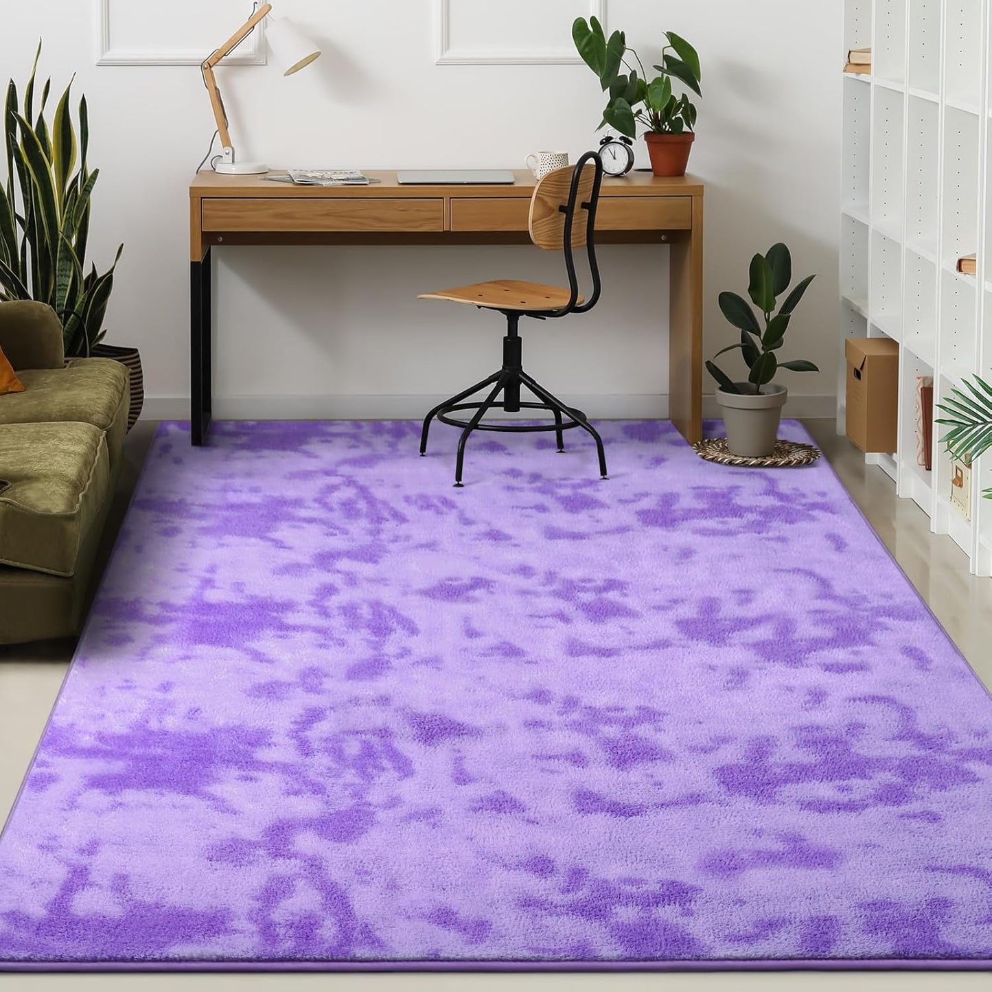 Kimicole 7x10 Washable Area Rugs for Living Room Bedroom, Large Low Pile Ulta-Thin Solid Color Rug, Non-Slip Soft Fluffy Carpet for Nursery Kids Room Dorm Room Home Decor (Purple)