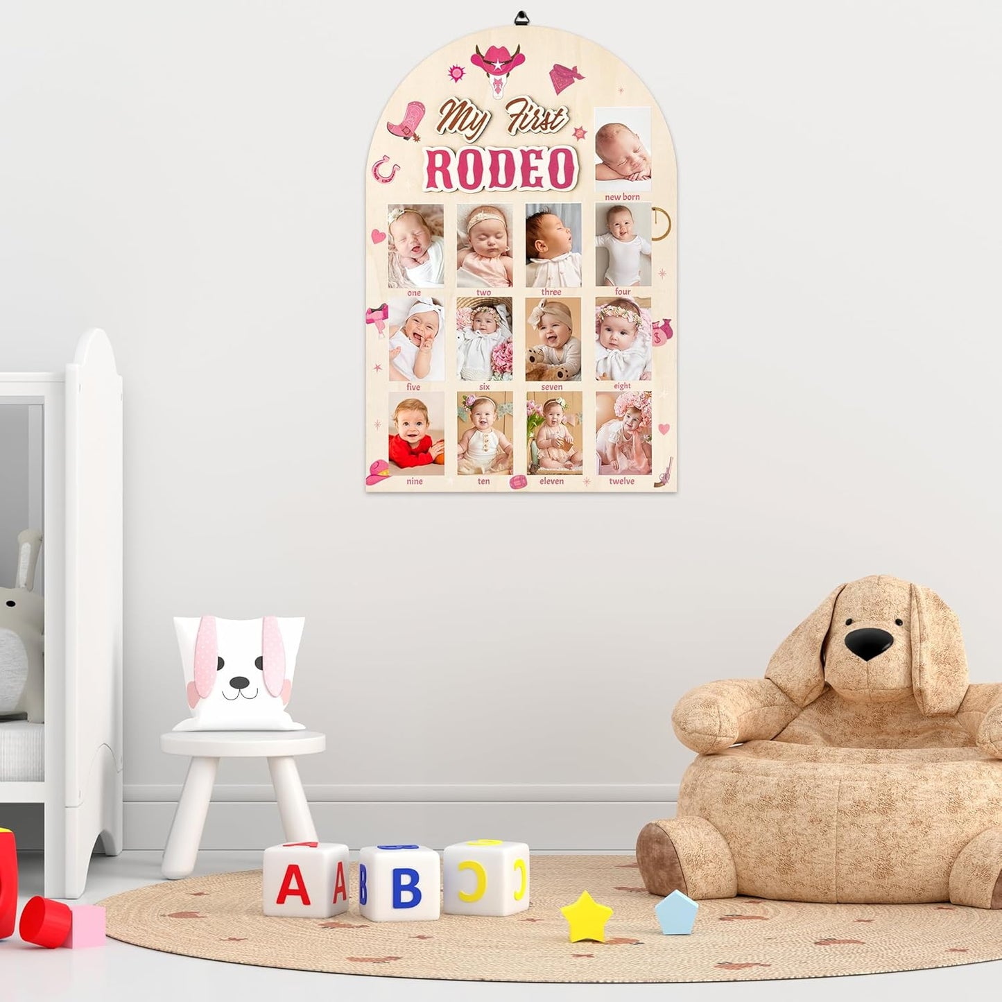 R HORSE My First Year Photo Frame Board, 3D Western Cowgirl Birthday Decorations Display Wood Board, Baby First Year Picture Frame 12 Months Milestone 1st Birthday Nursery Decor Gift for Girl