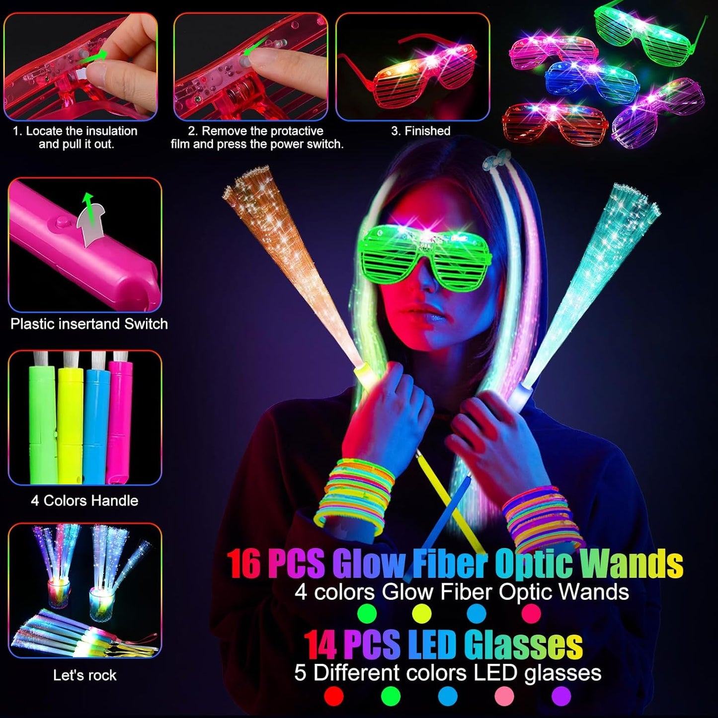 148 PCS Glow in the Dark Party Supplies, 16 PCS Glow Fiber Optic Wands, 14 PCS LED Glasses, 100 PCS Glow Sticks and 18 PCS LED Hair Clips Fiber Optic for Glow Party, Wedding, Concert, Birthday