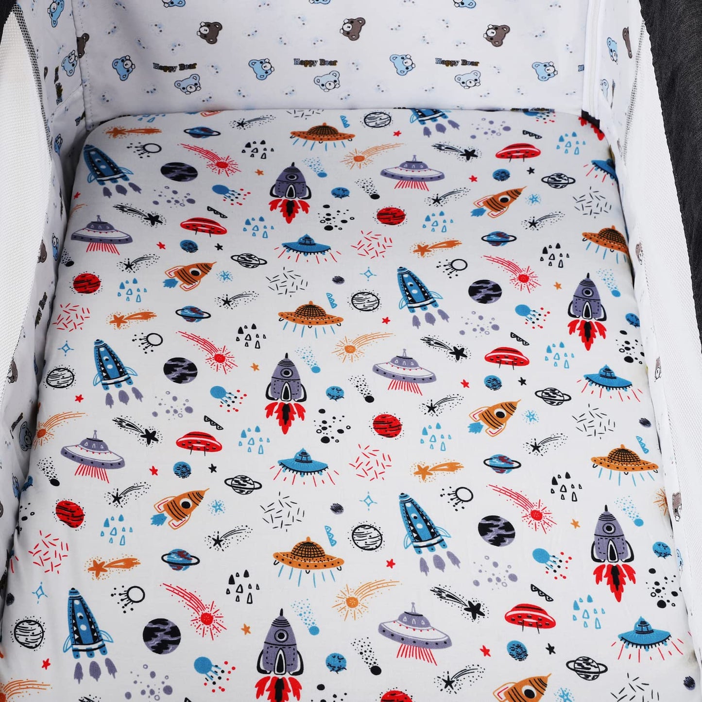 Pack n Play Sheet Stretchy Fitted Portable Mini Crib Sheets Set 3 Pack,Playard Sheets Convertible Playard Mattress Cover,Ultra Soft Jersey Material,Rocket Satellite,Car & Bus