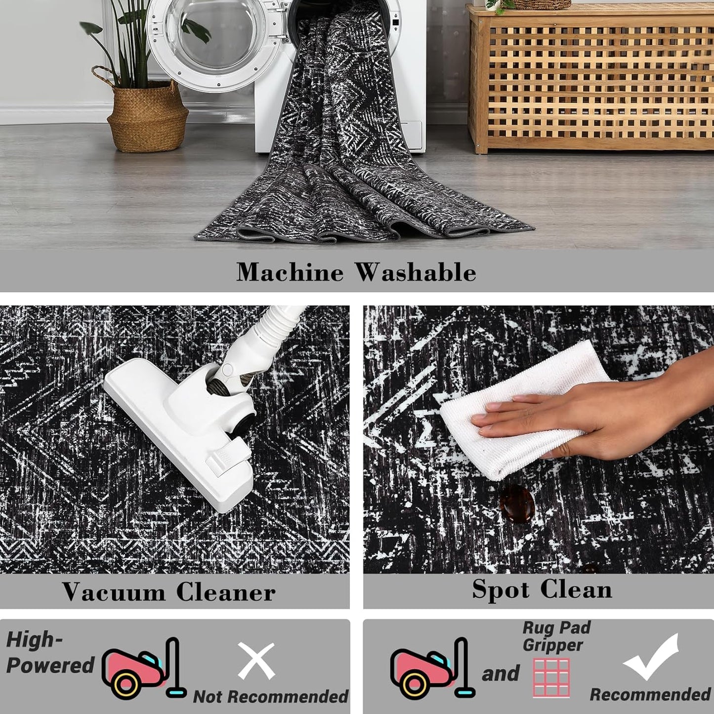 COZYLOOM Rug Runners 2x8 Washable for Hallway Vintage Non Slip Area Rug Geometric Soft Throw Rugs Low Pile Stain Resistant Carpet for Office Dining Room Living Room, Black