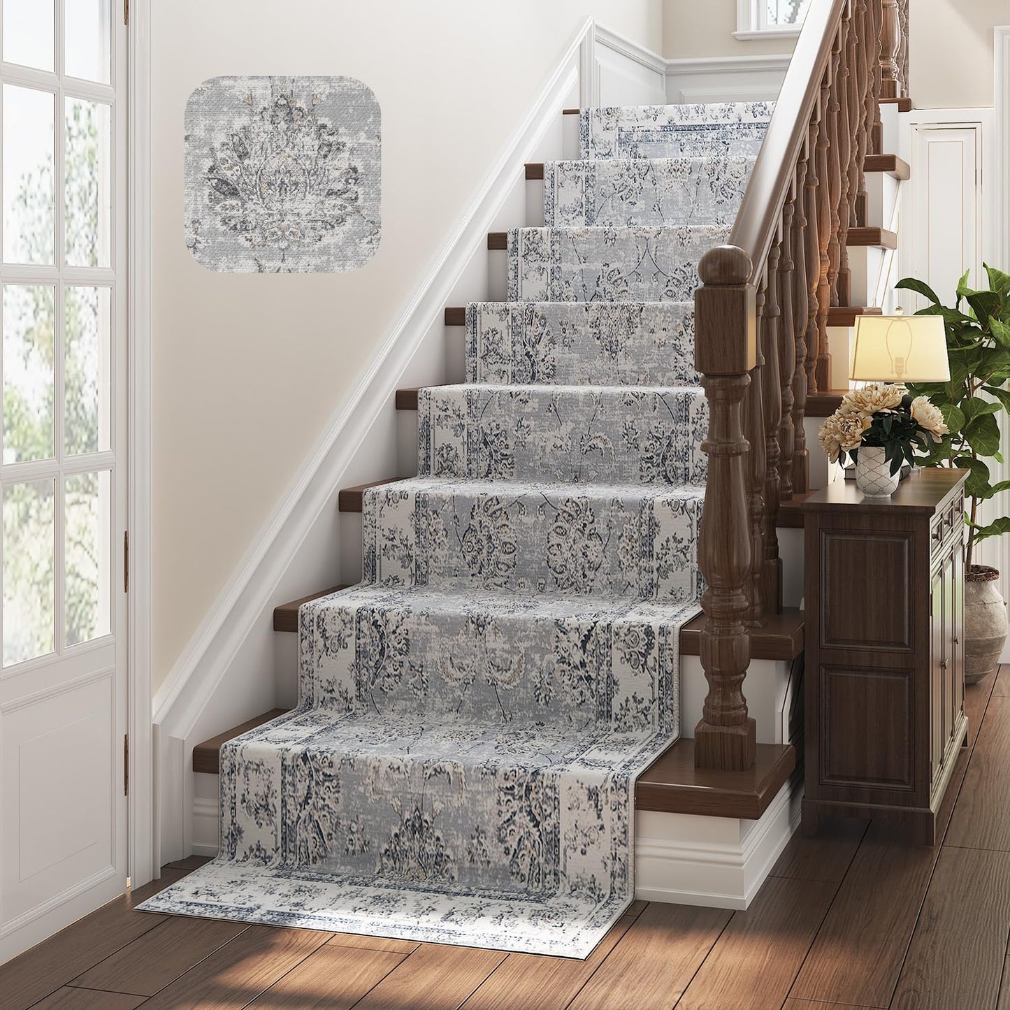 jinchan Hallway Runner Rug 3x10 Machine Washable Runner Rug Grey Vintage Floral Design Non-Slip Low Pile Ultra-Thin for Kitchen Laundry Room Bedroom Farmhouse (3‘x10',Grey)