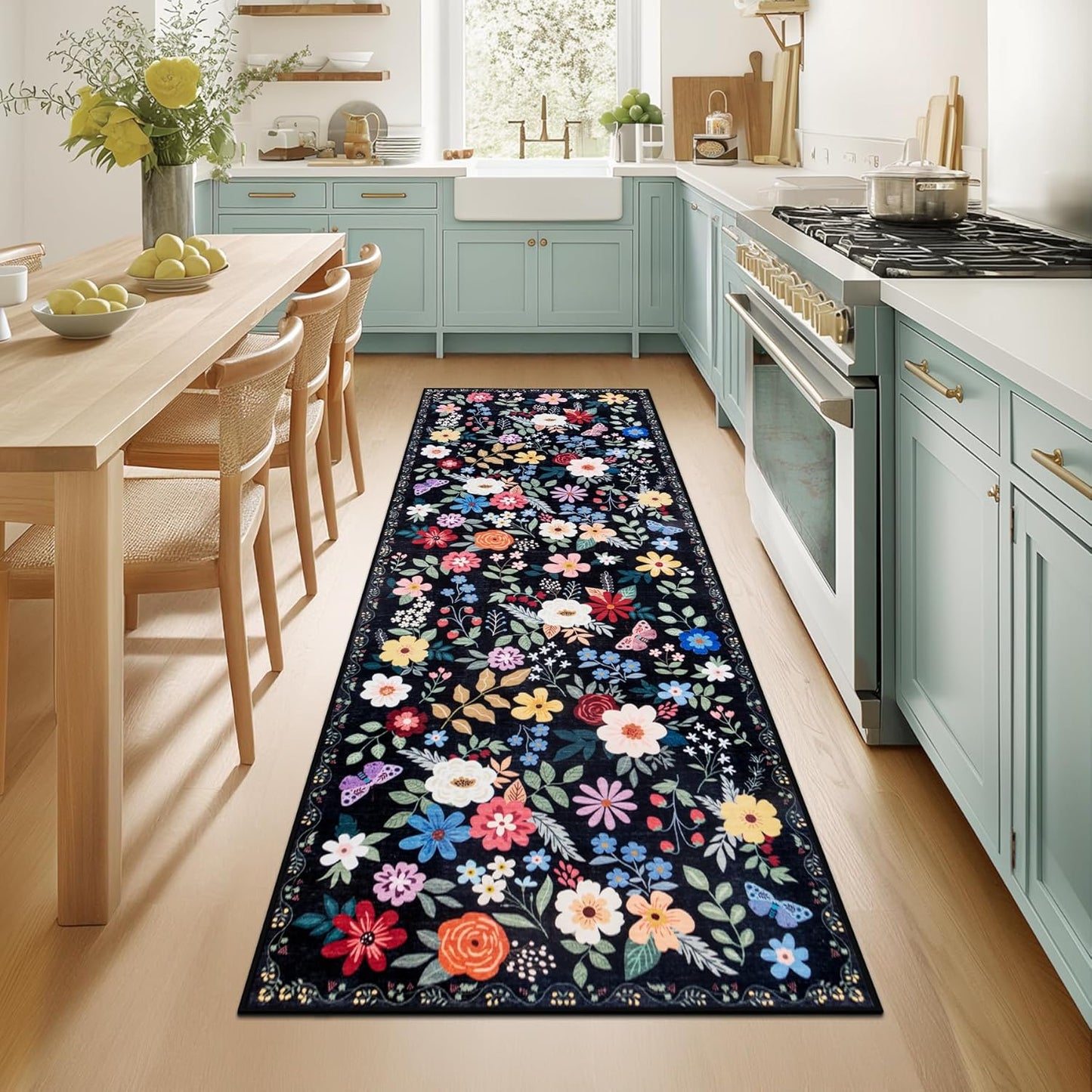 Runner Rug for Entryway: 2.6x8 Kitchen Rugs Non Slip Washable Ultra-Thin Soft Floral Carpet Indoor Floor Stain Resistant Carpets for Hallway Bedroom Kitchen Laundry Bathroom Dorm Black
