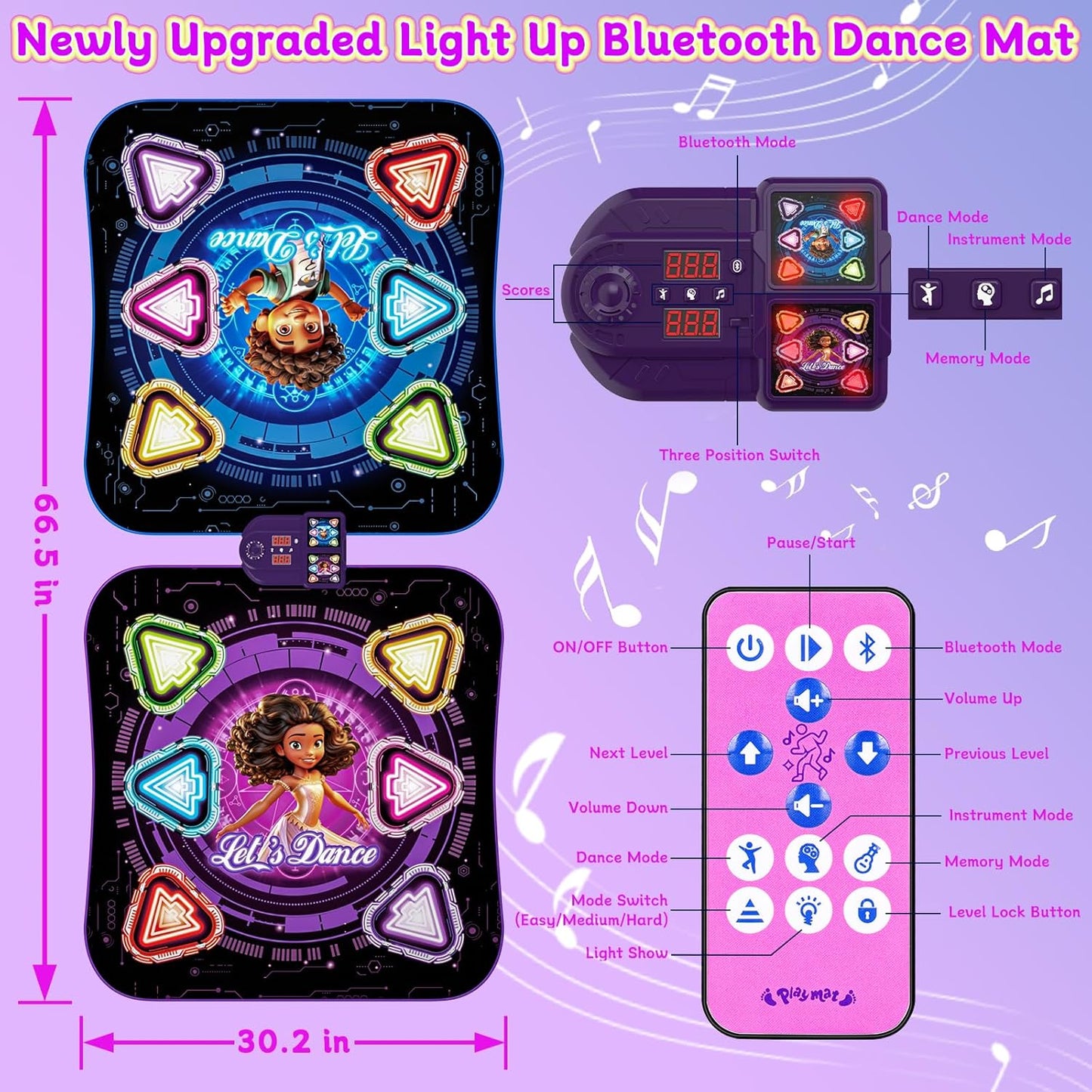 Upgraded Dance Mat for Kids, Single & Double Players Mode Electronic Dance Pad with Light-up 12-Button Wireless Bluetooth 5 Game Modes Christmas Birthday Gift for Girls Boys Ages 3 4 5 6 7 8 8-12