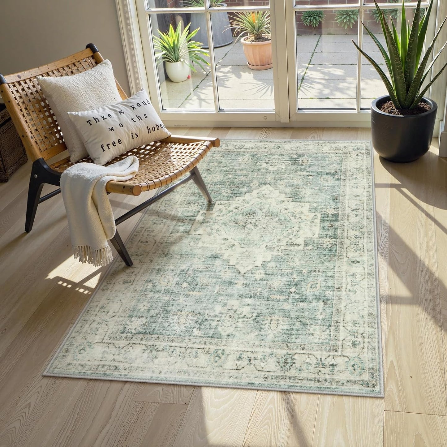 LIVEBOX Entryway Rug 3x5 Washable Area Rugs for Kitchen Bathroom, Non-Slip Front Door Mat for Bedroom, Boho Low-Pile Carpet Farmhouse Throw Indoor Mats for Bath Laundry Room, Sage Green