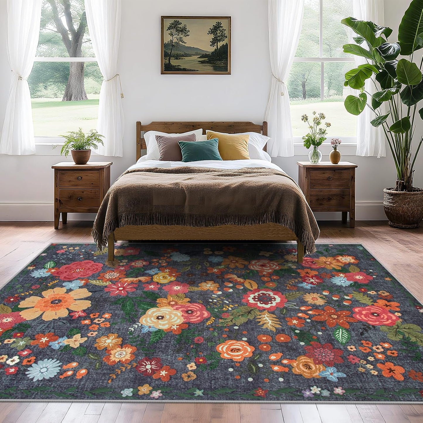 Area Rug Living Room Rugs: 6x9 Washable Rug Vintage Floral Soft Boho Non Slip Carpet Indoor Floor Non Shedding Low Pile Thin Carpets for Bedroom Dining Room Farmhouse Nursery Home Office Black