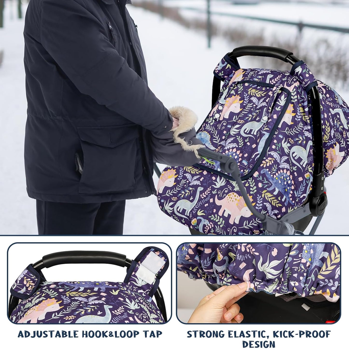 Pea Pod Car Seat Cover Baby, Infant Car Seat Canopy Covers for Newborn with 2 Layers Windows of Breathable Mesh Fabric, Lightweight Polyester/Soft Minky Dot Backing (Dinosaur)